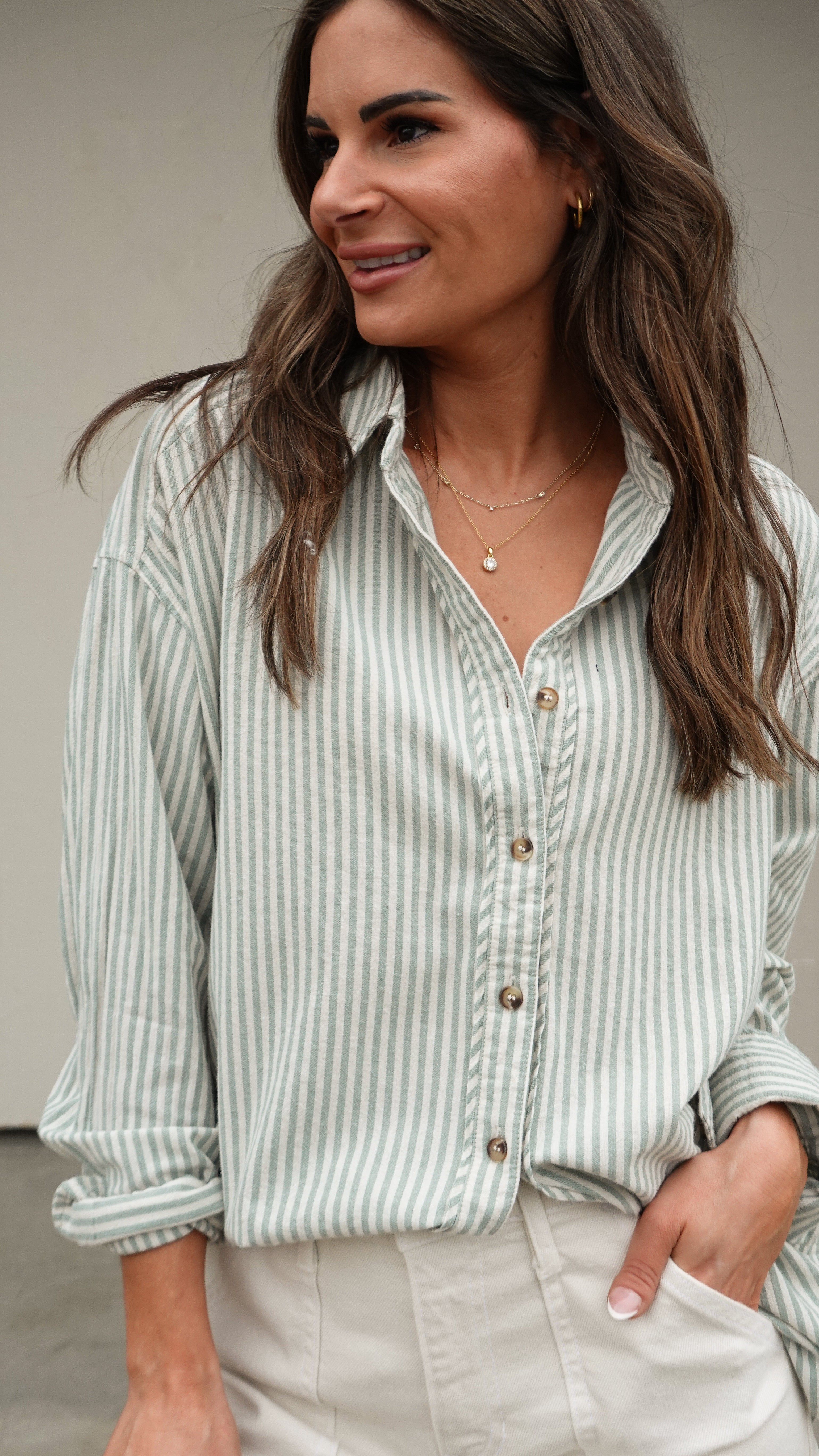 Sage Striped Button-Down Shirt | Elegant Women's Fashion by coolavocek