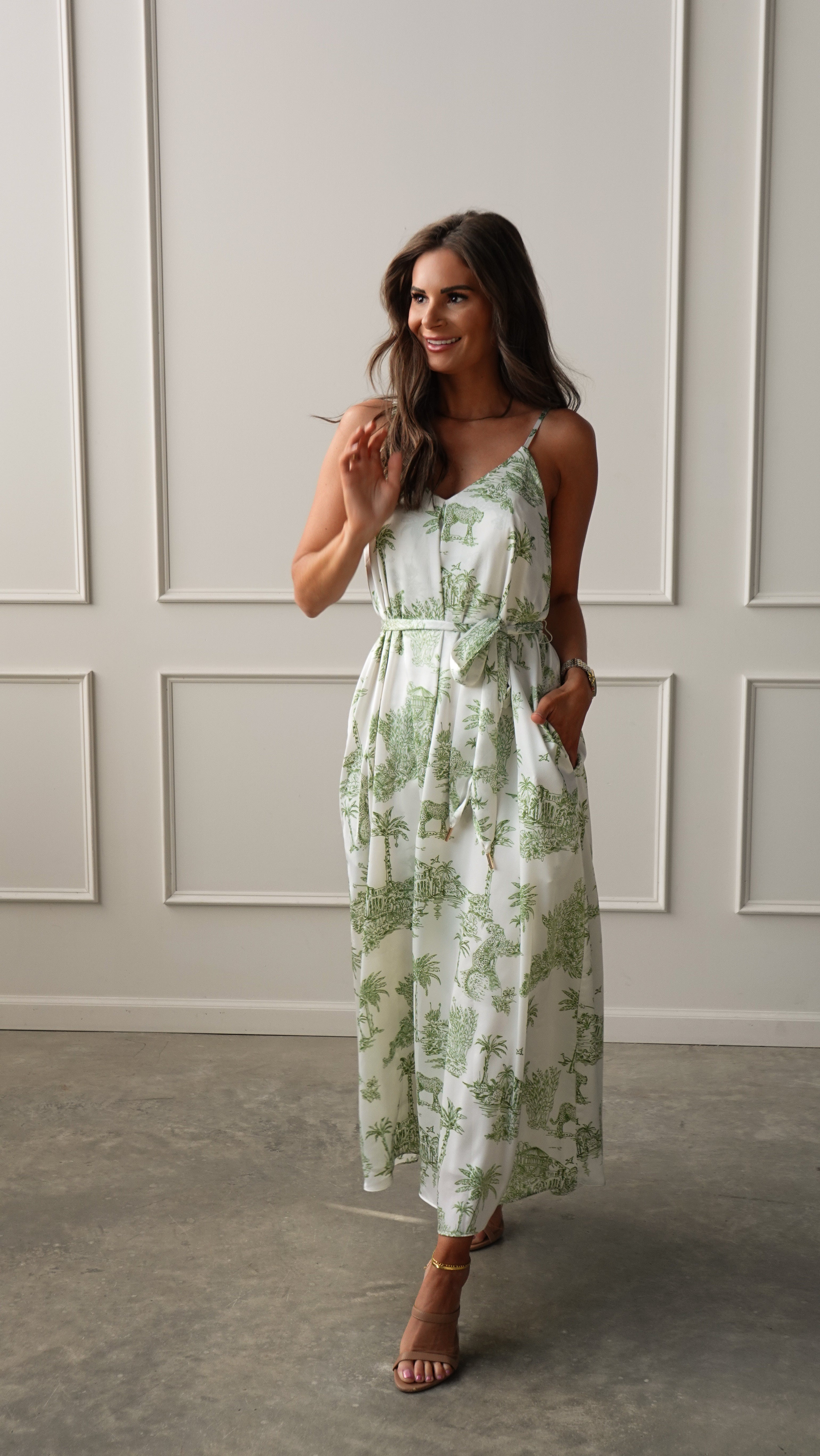 Palm Green Belted Dress | Elegant Women's Fashion by coolavocek