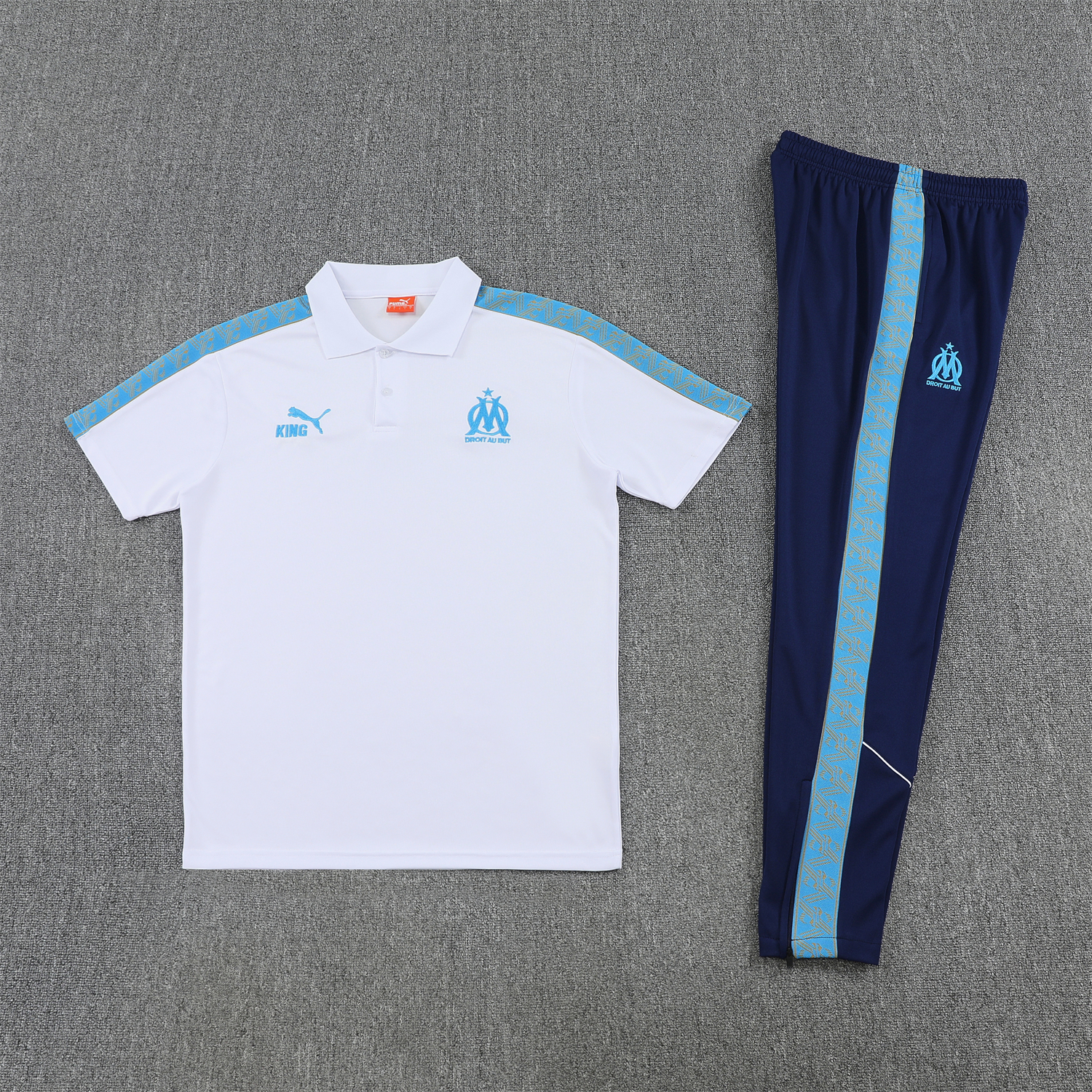 AlphaJersey-Marseille 25-26 POLO Short-Sleeve Training Set - White Top and Dark Blue Pants