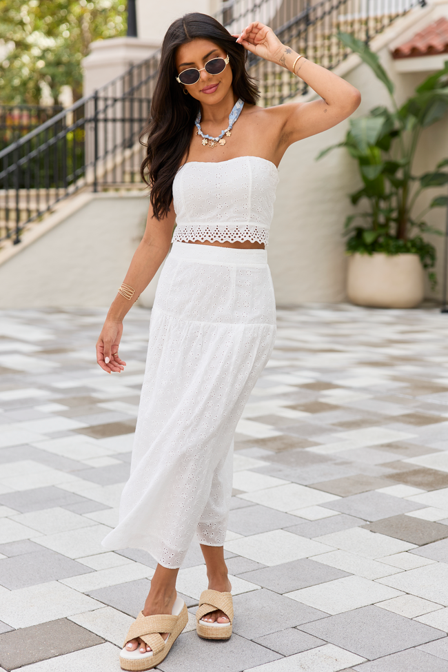 Take It Easy White Eyelet Tube Top Set | Elegant Women's Fashion by coolavocek