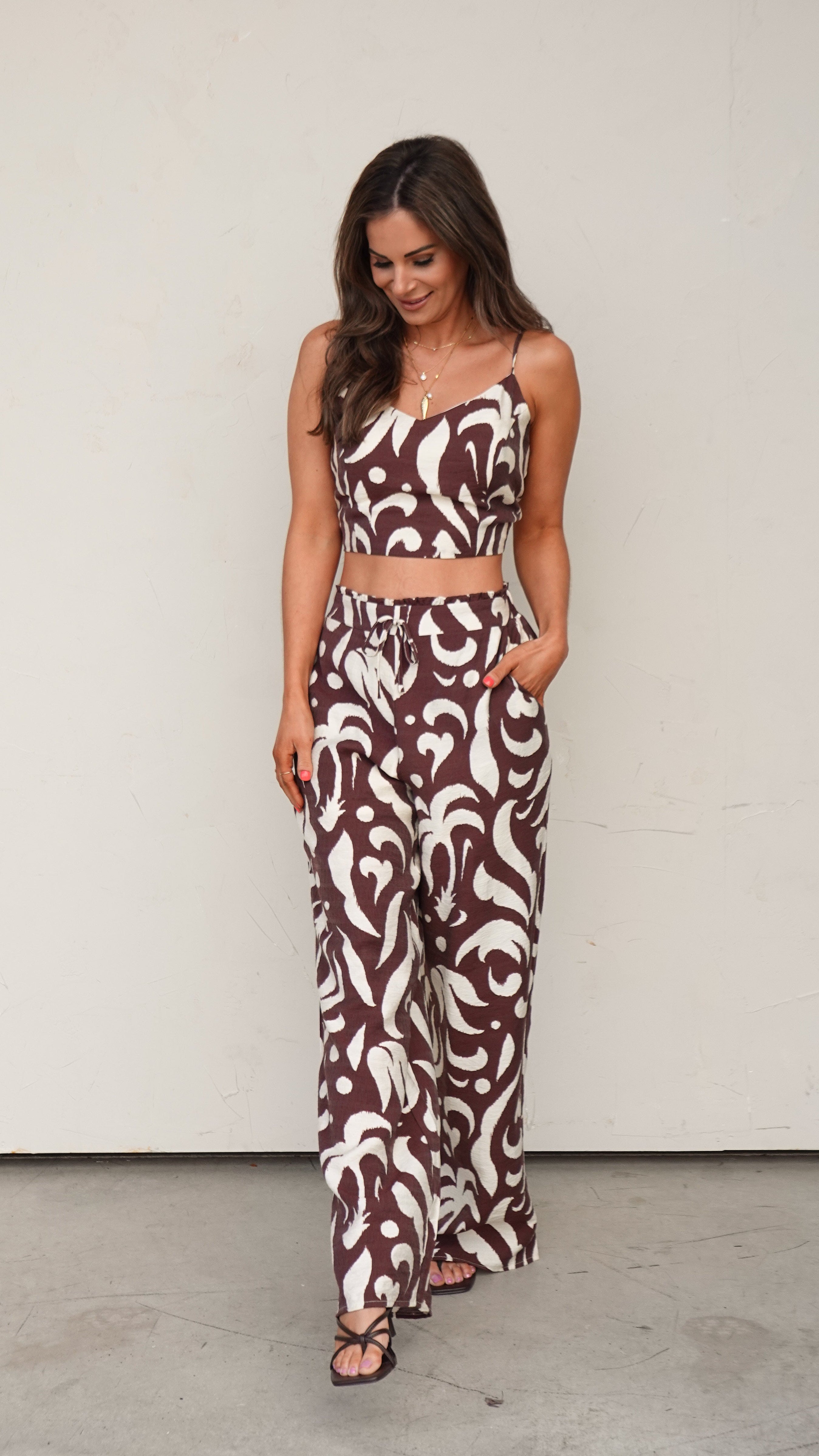 Brown Patterned Top/Pant Set | Elegant Women's Fashion by coolavocek