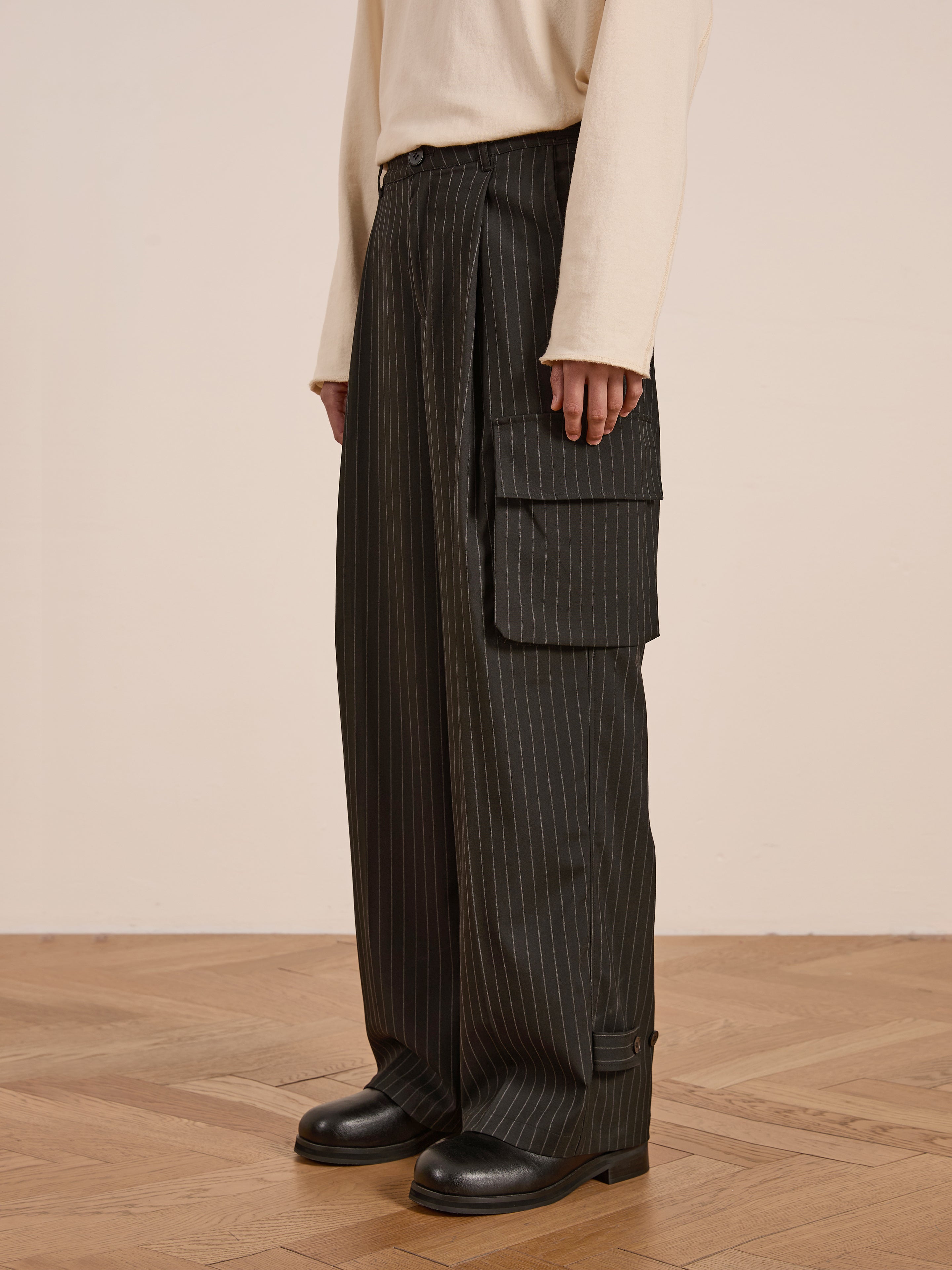 Hava Pinstripe Pleated Cargo Trousers | Modern Menswear by yycbvcnbmmnbm