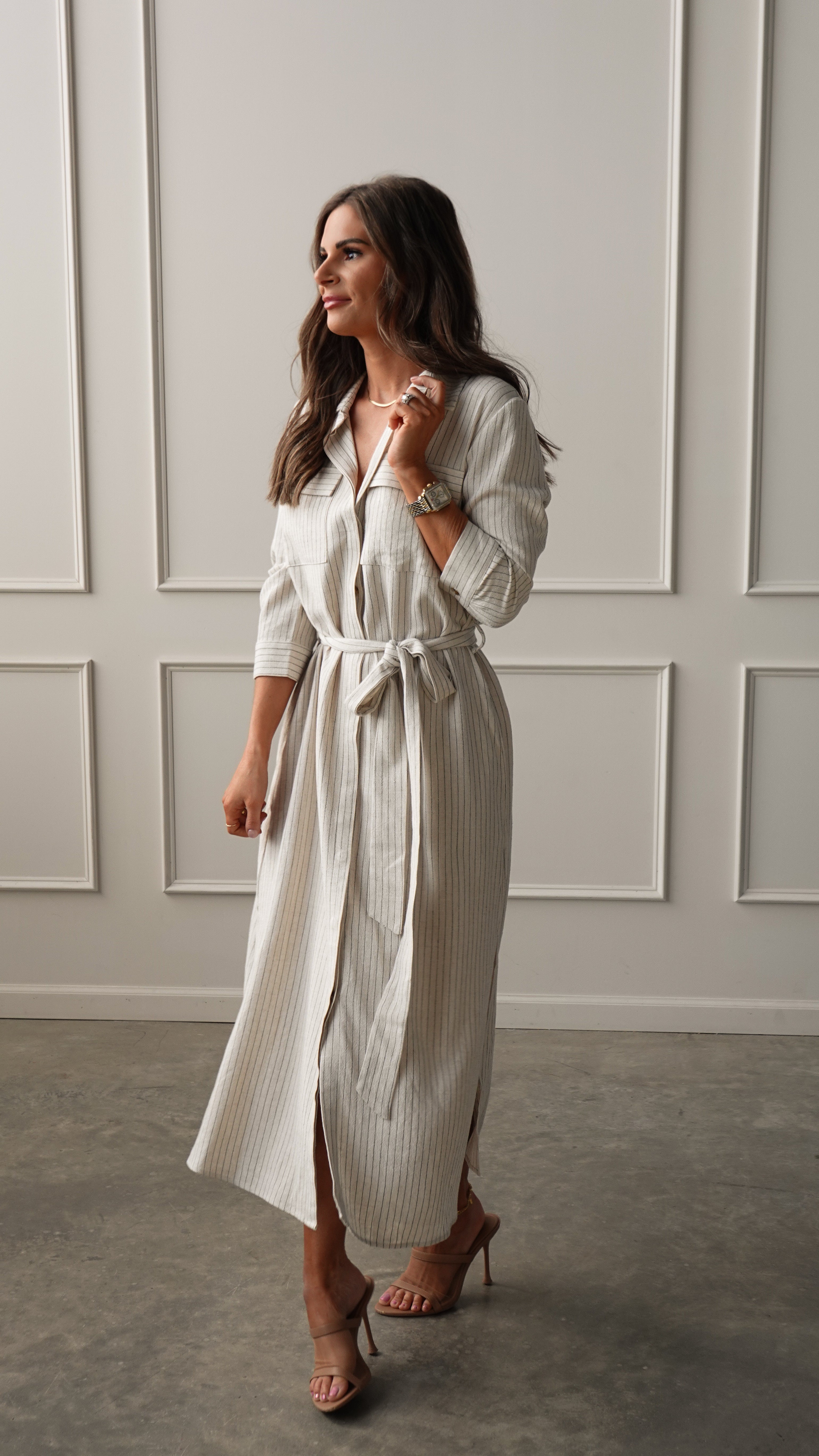 Pinstripe Woven Shirt Dress | Elegant Women's Fashion by coolavocek
