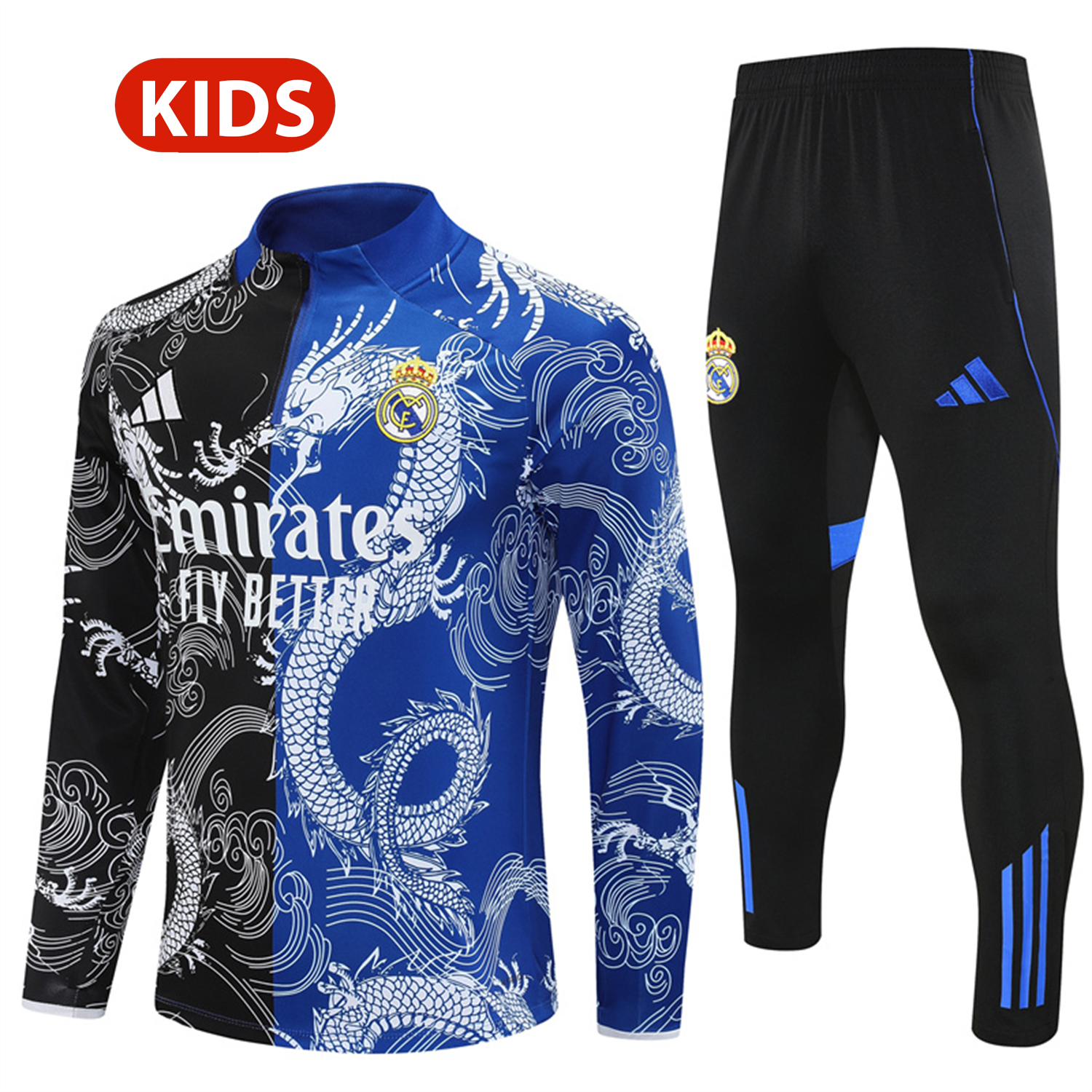 AlphaJersey-Real Madrid 25-26 Kids Long Sleeve Training Set - White Loong Black Blue Top and Black Pants