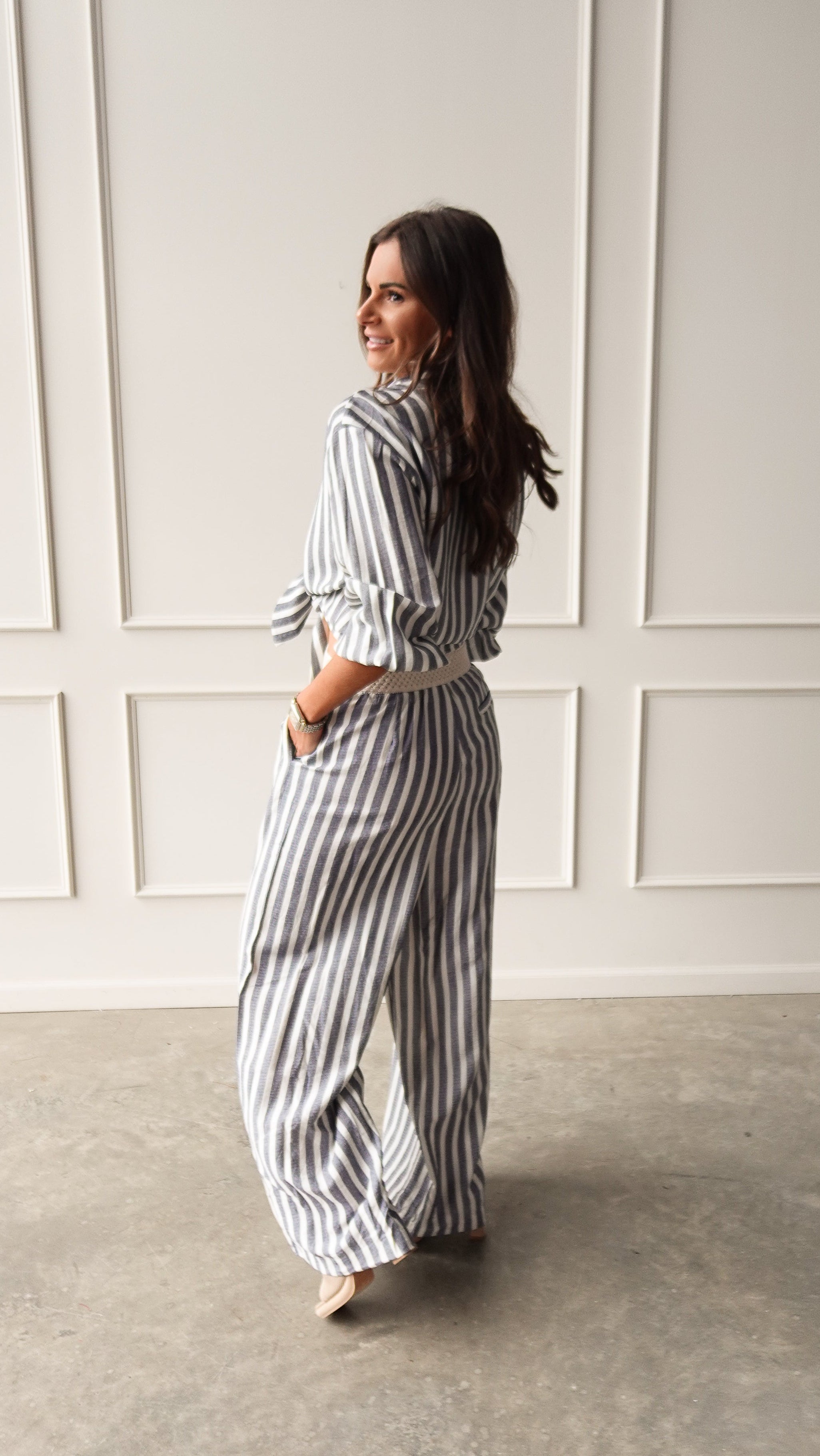 Chambray Striped Elastic Waist Pant | Elegant Women's Fashion by coolavocek