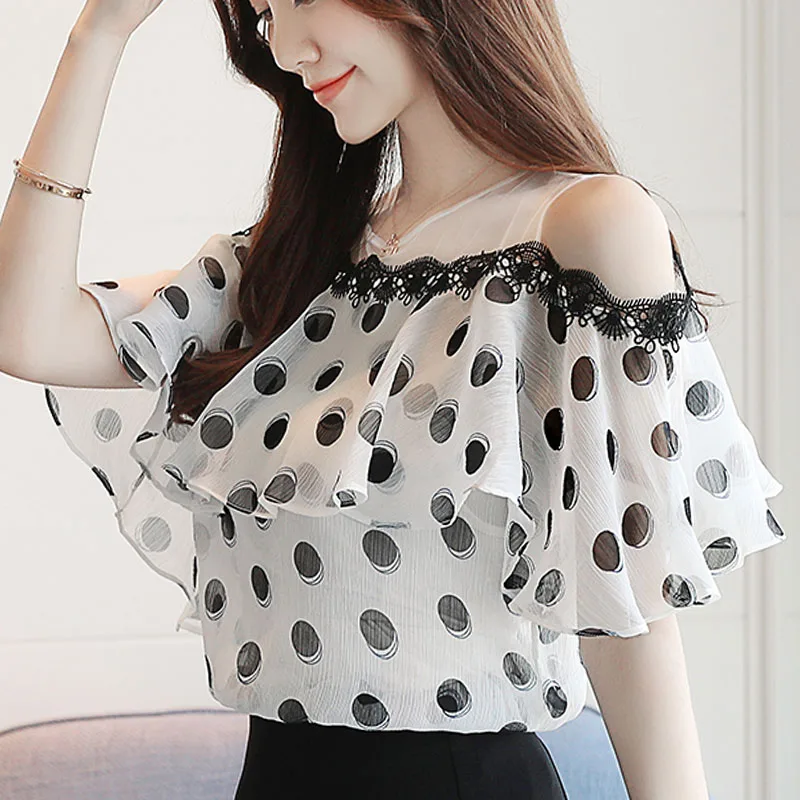 Summer Fashion Shirts Women Elegant Short Sleeve Lady Tops Sweet Polka Dot Chiffon White Blouse Casual Loose Clothes Blusas 0611