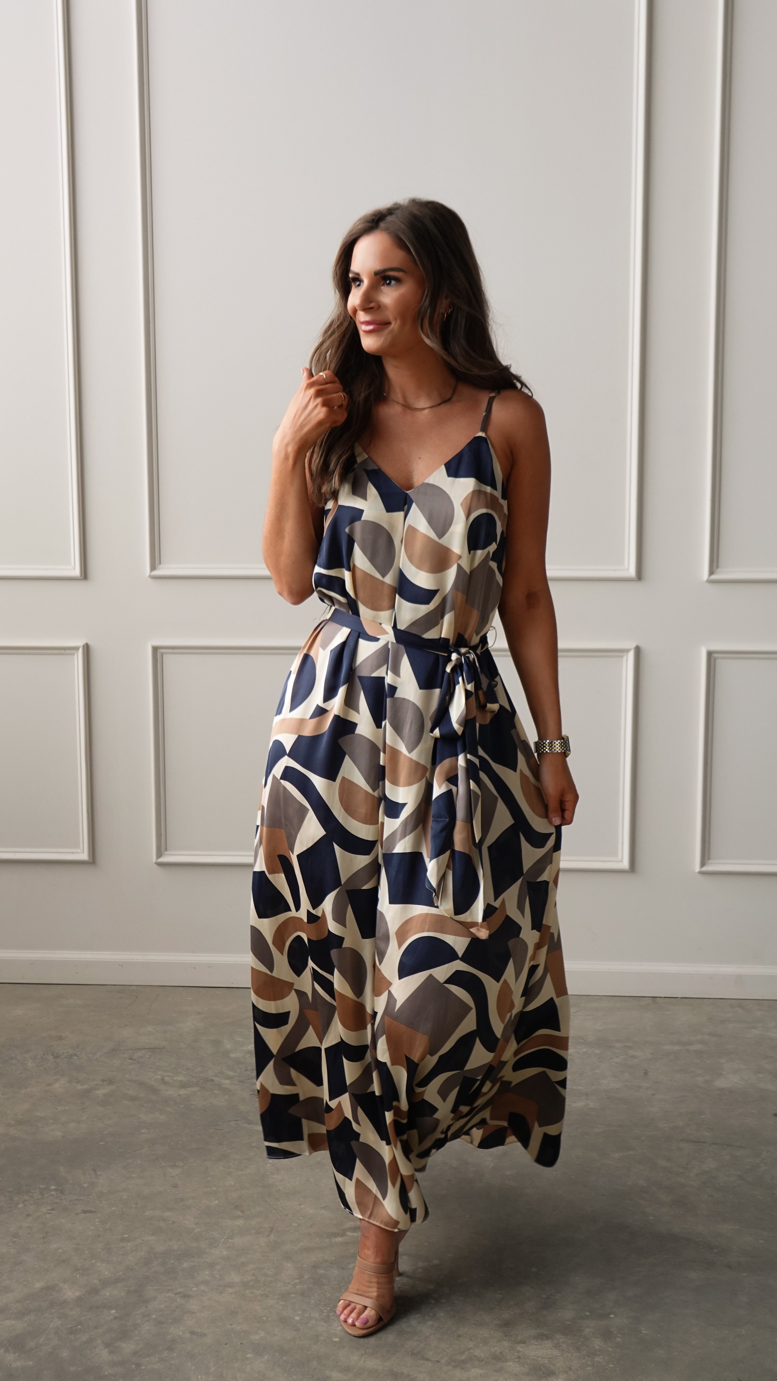 Navy/Taupe Geometric Belted Dress | Elegant Women's Fashion by coolavocek
