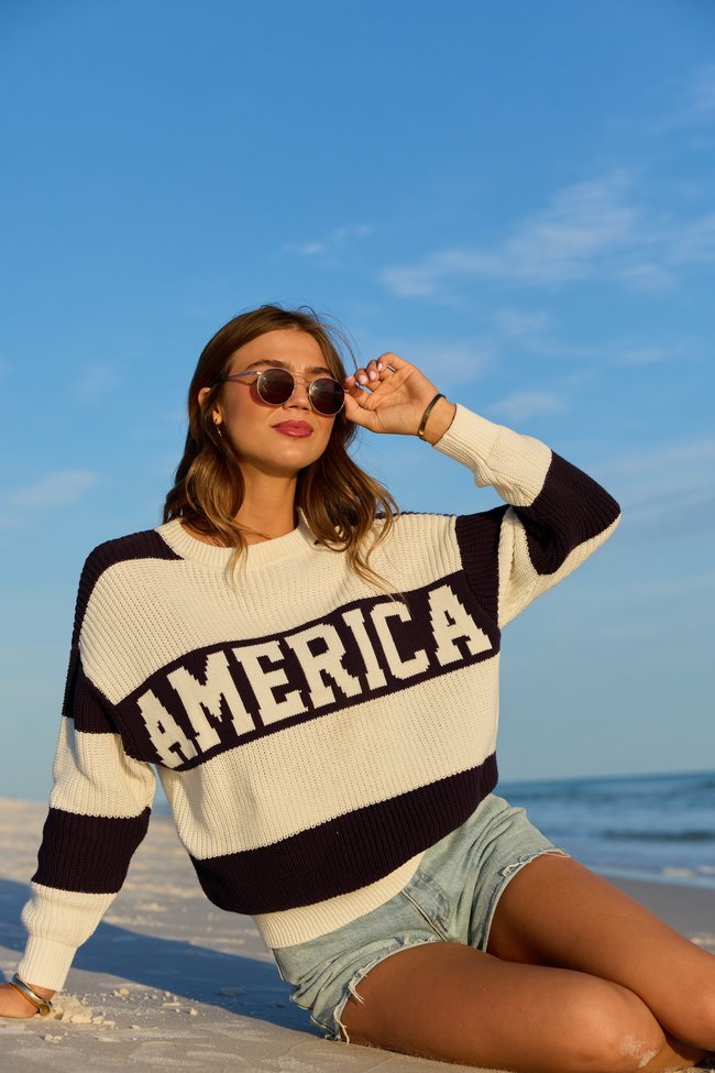 America Black And White Striped Sweater | Elegant Women's Fashion by coolavocek