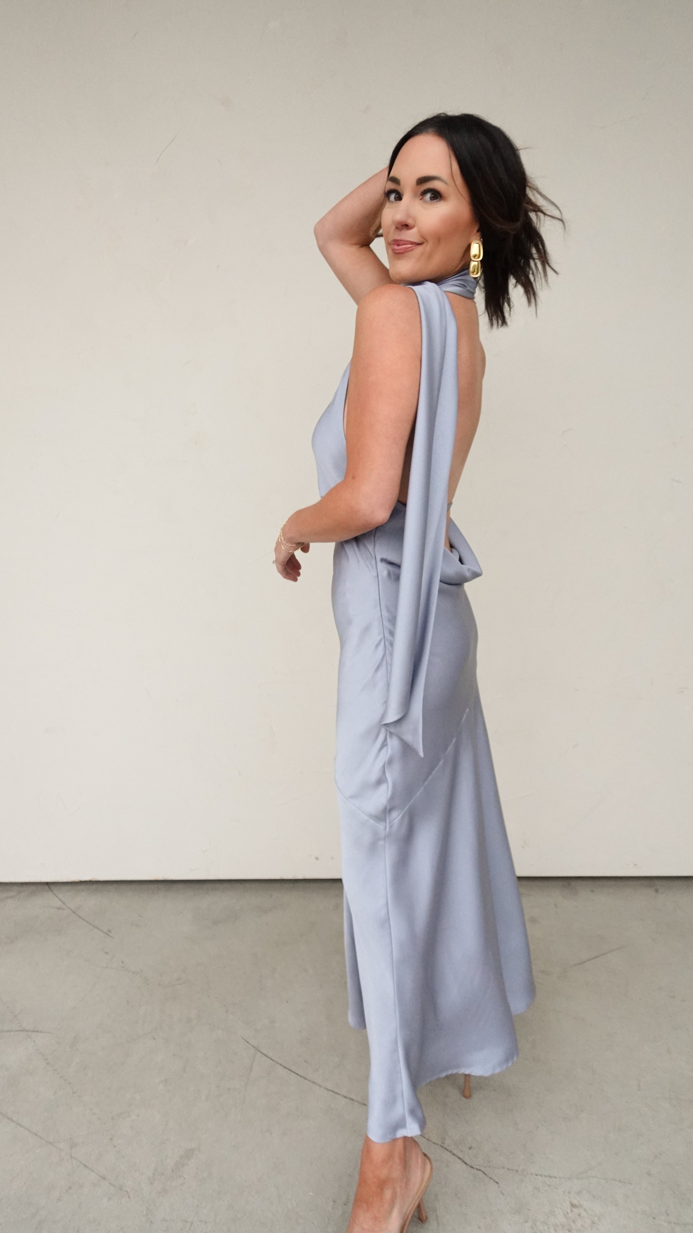 Dusty Blue Open-Back Satin Dress | Elegant Women's Fashion by coolavocek