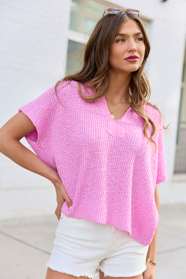 Alana Pink Open Knit Short Sleeve Sweater | Elegant Women's Fashion by coolavocek