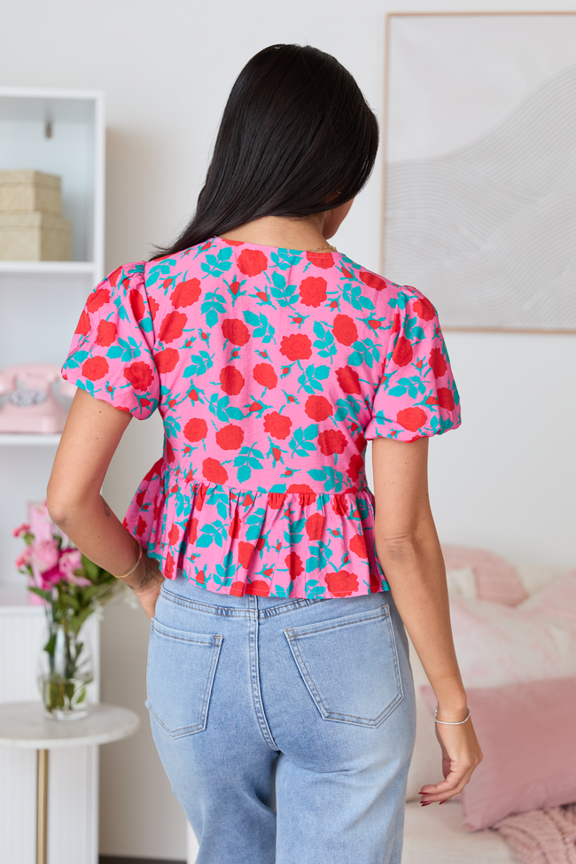 Mila Pink And Red Floral Tie Front Flounce Woven Blouse SALE | Elegant Women's Fashion by coolavocek