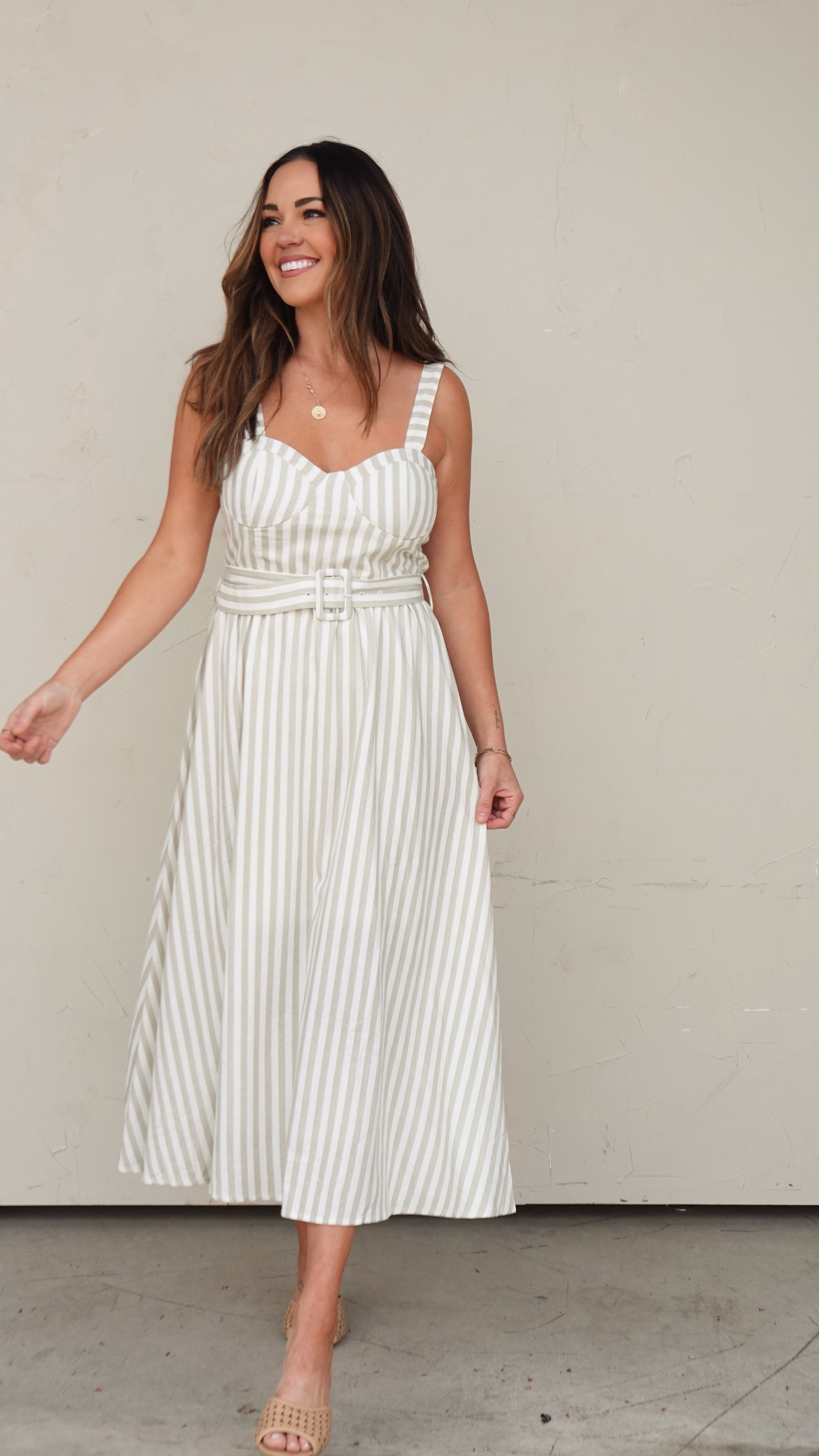 Green Stripe Belted Midi Dress | Elegant Women's Fashion by coolavocek