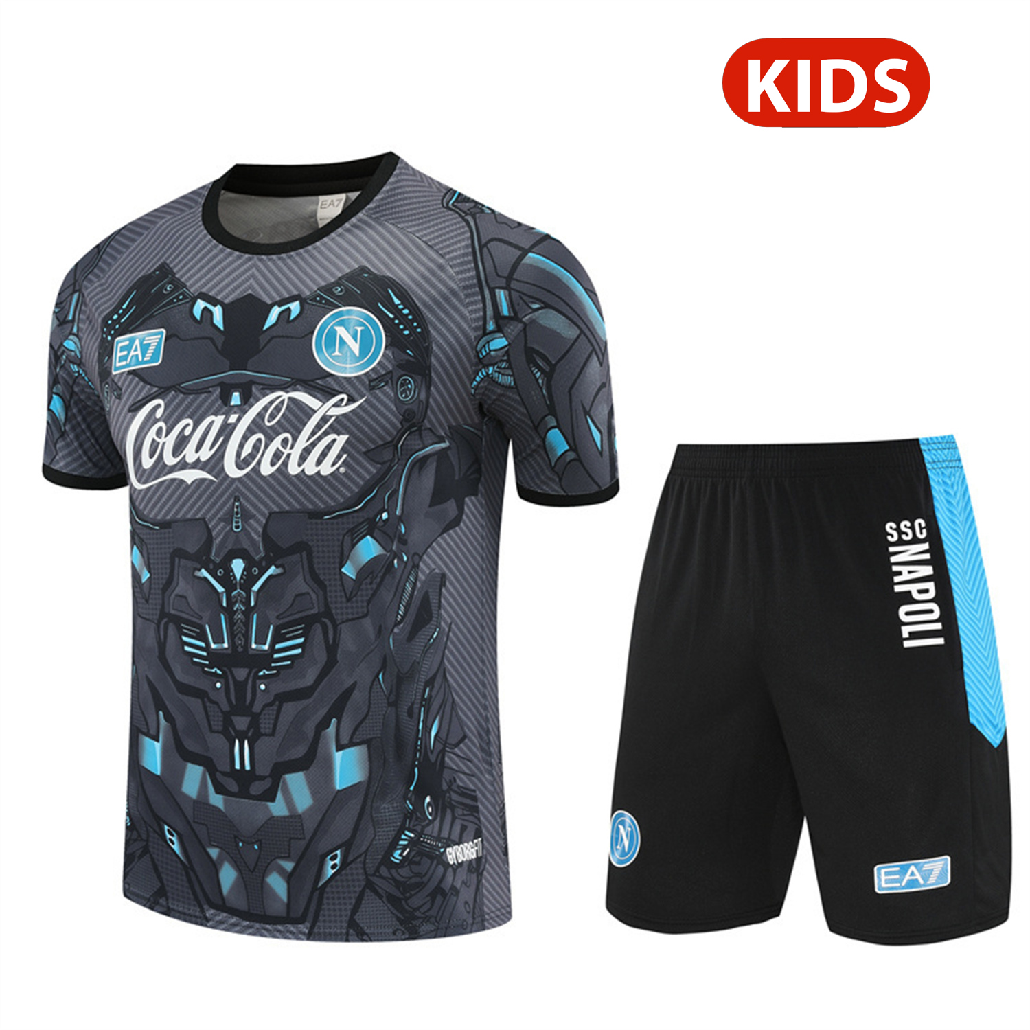 AlphaJersey-Napoli 25-26 Kids Short-Sleeve Training Set - Gray Mecha Top & Black Shorts