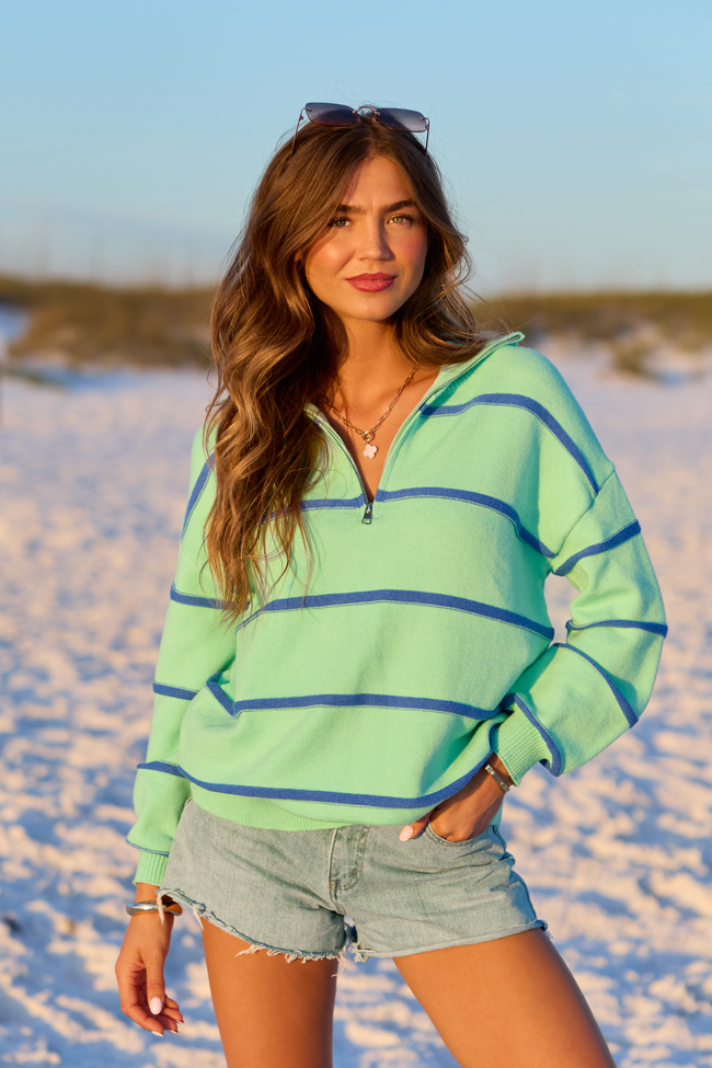 Sunday Stripe Club Green And Blue Quarter Zip | Elegant Women's Fashion by coolavocek