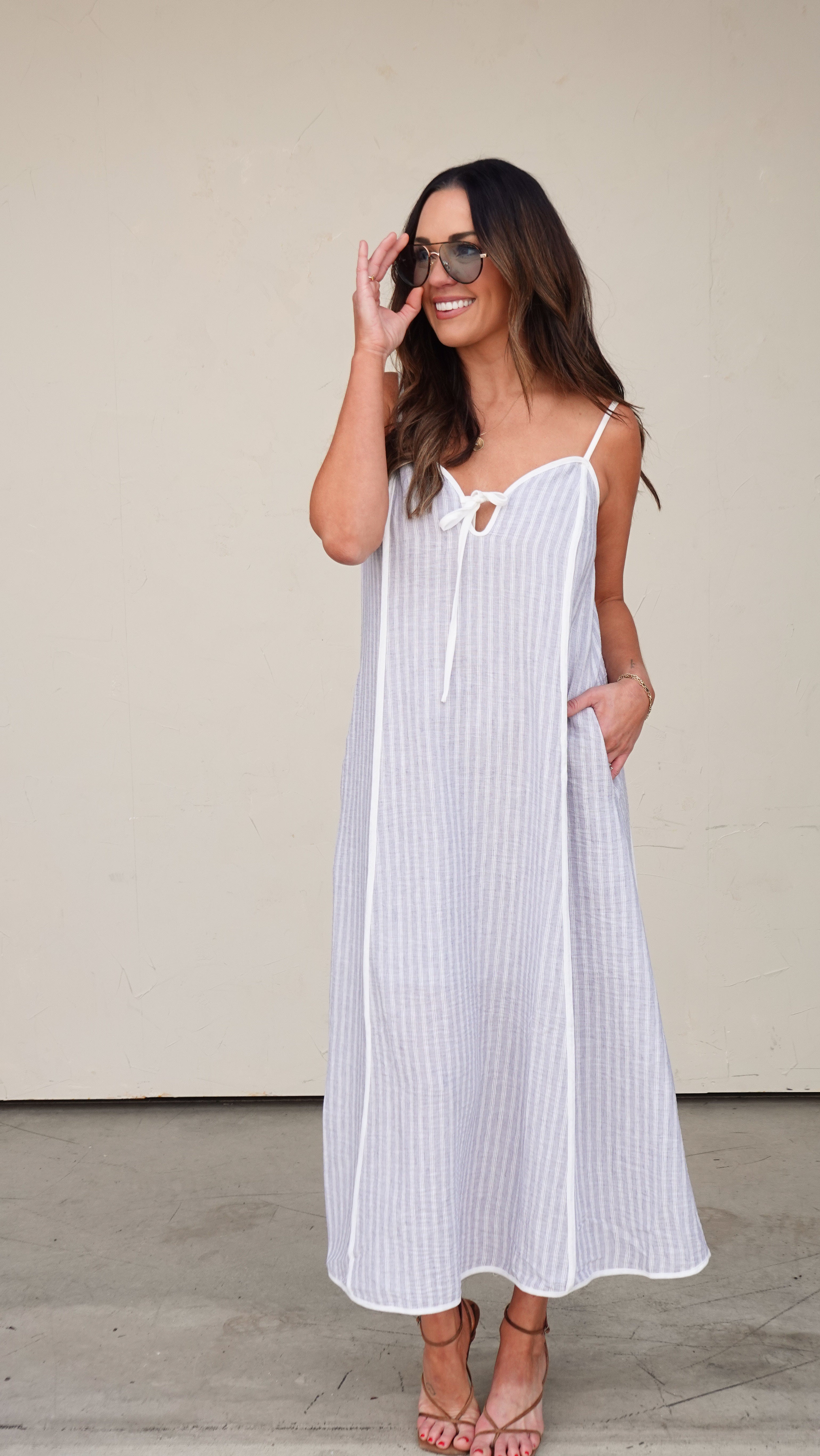 Blue Striped Sleeveless Midi Dress | Elegant Women's Fashion by coolavocek