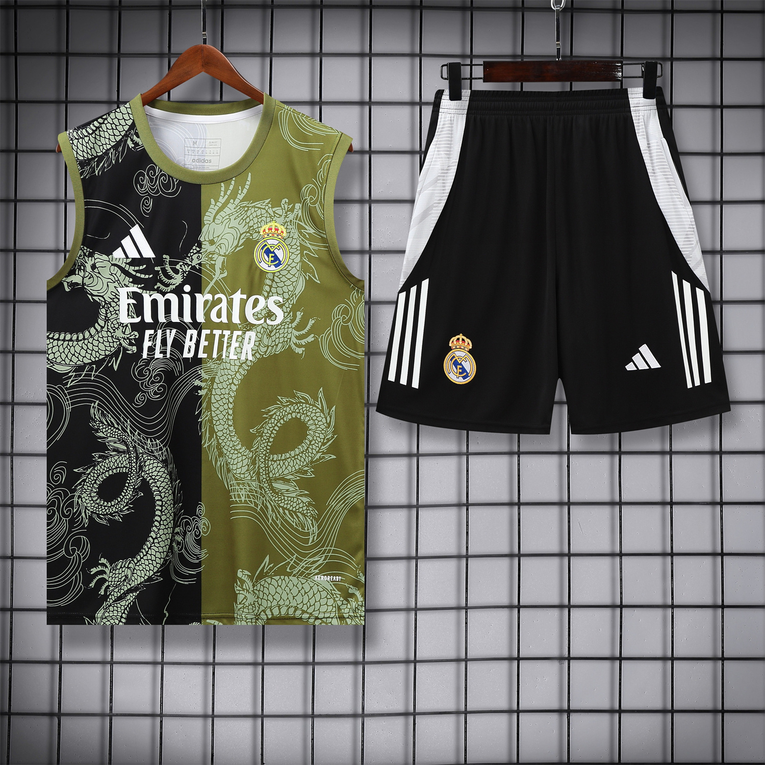 AlphaJersey-Real Madrid 25-26 Vest Training Set - Green-Black Dragon Vest & Black-White Shorts