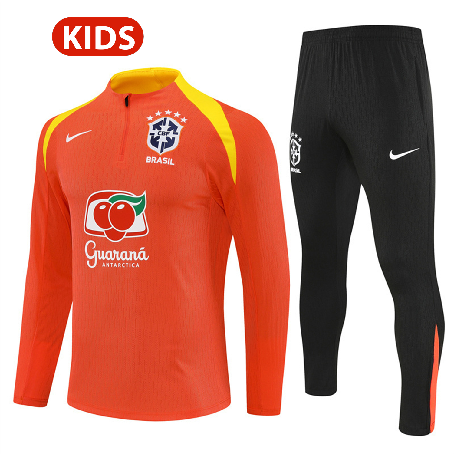 AlphaJersey-Brazil 25-26 Kids Long Sleeve Training Set - Player Version - Orange Top and Black Pants