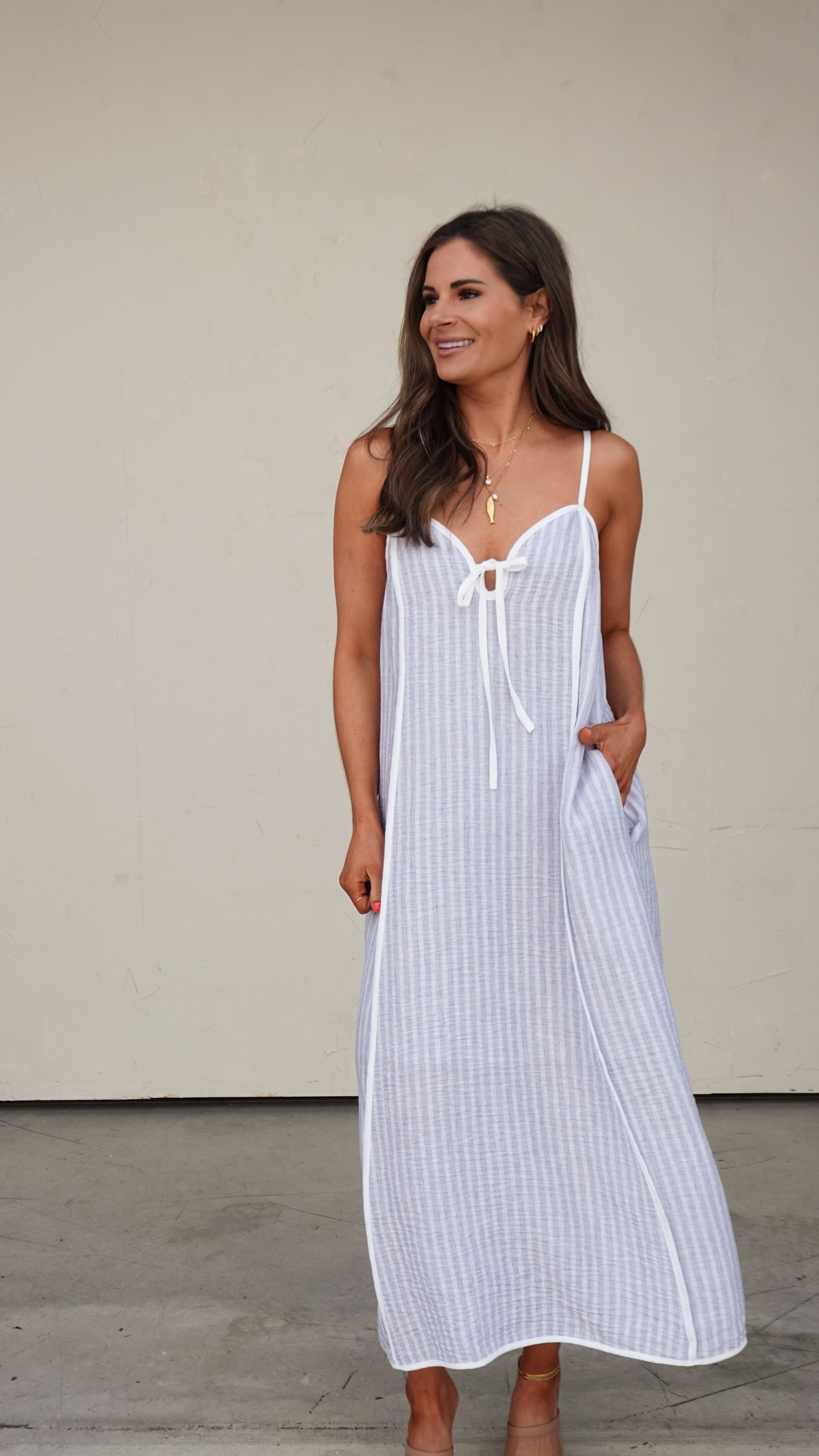 Blue Striped Sleeveless Midi Dress | Elegant Women's Fashion by coolavocek