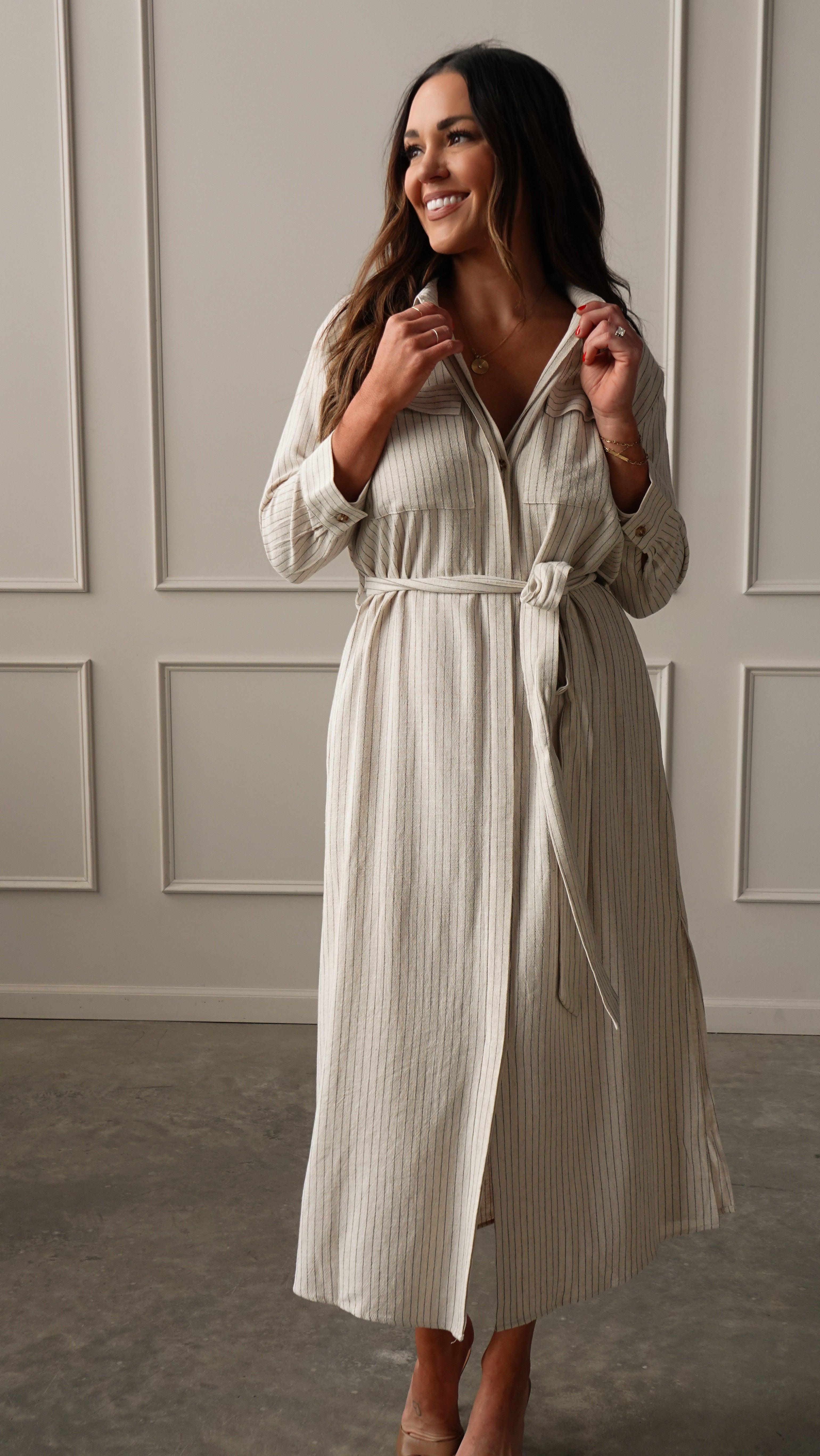Pinstripe Woven Shirt Dress | Elegant Women's Fashion by coolavocek