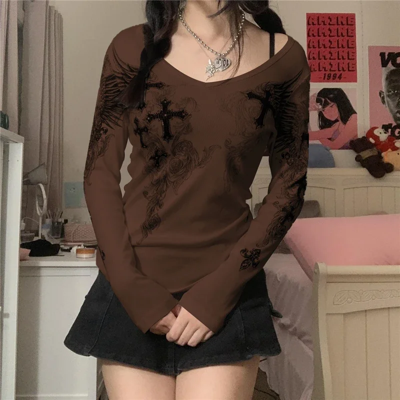 2000s Aesthetic T Shirt Graphic Cross Wings Print Long Sleeve Tops y2k Women Clothes Fairycore Grunge Tee Streetwear