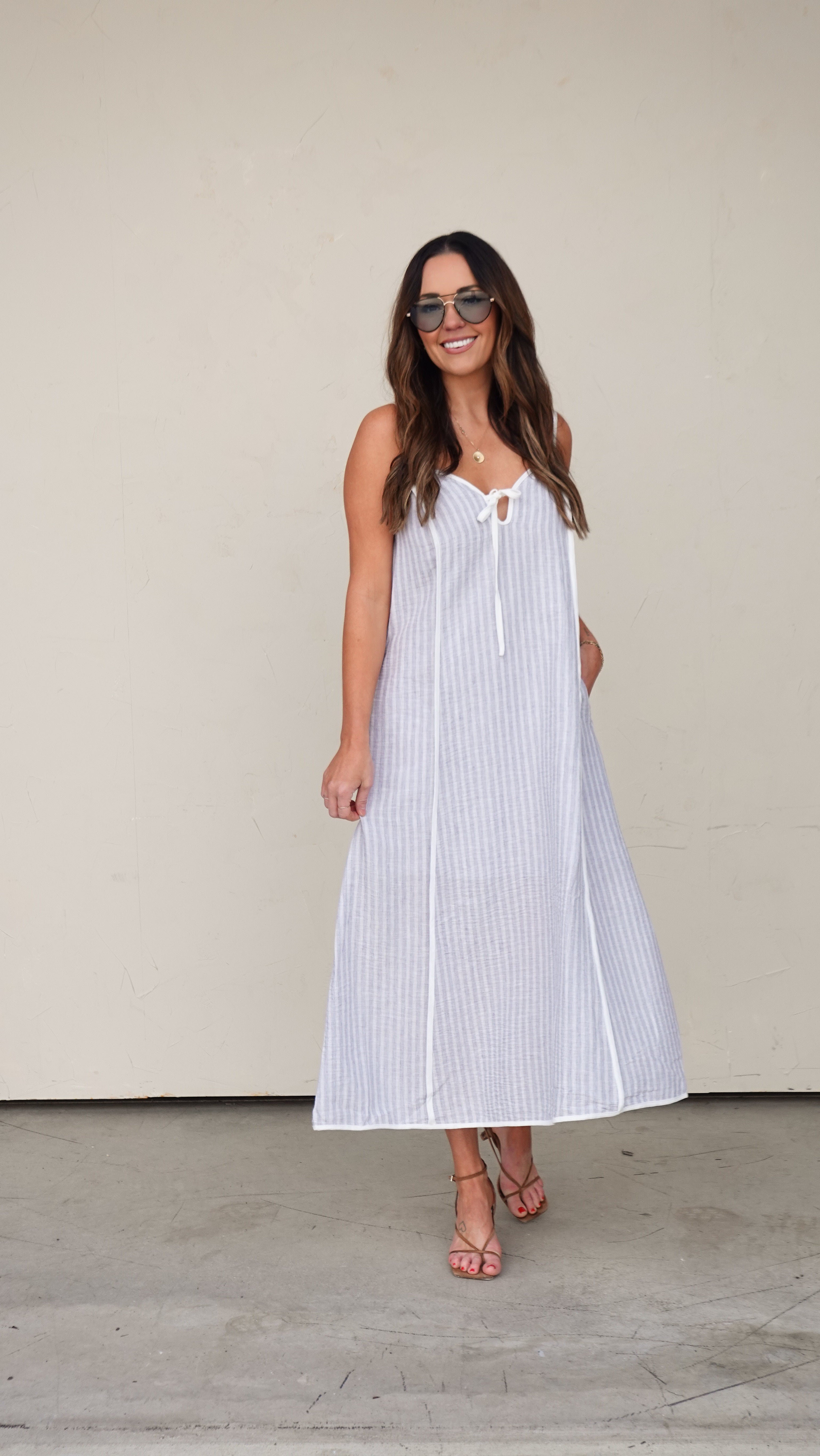 Blue Striped Sleeveless Midi Dress | Elegant Women's Fashion by coolavocek