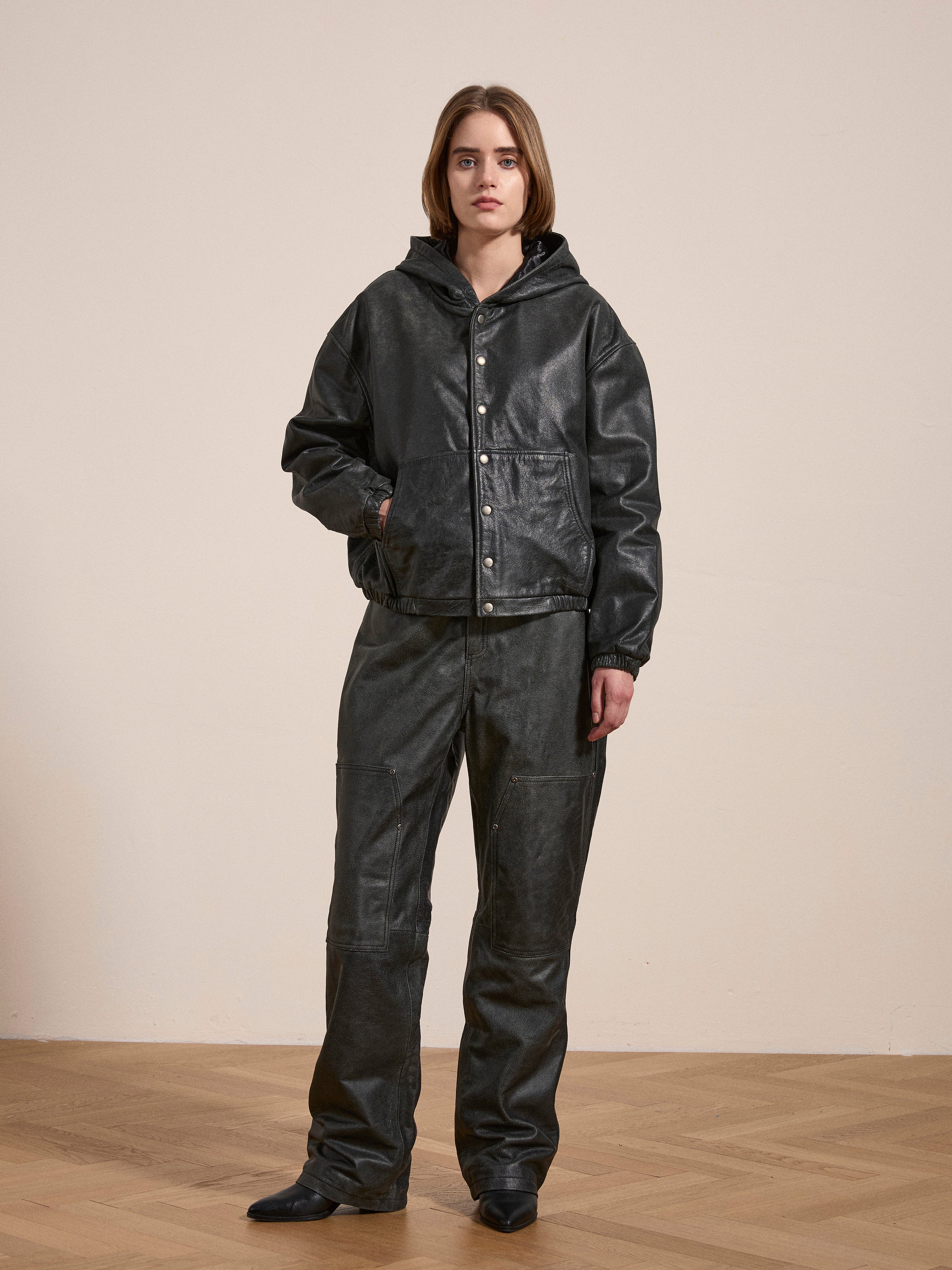Distressed Genuine Leather Hoodie | Modern Menswear by yycbvcnbmmnbm