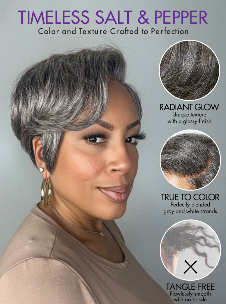 Salt and Pepper Short Pixie Cut Wig Glueless Minimalist HD Lace Grey Wig Pre-Cut Lace
