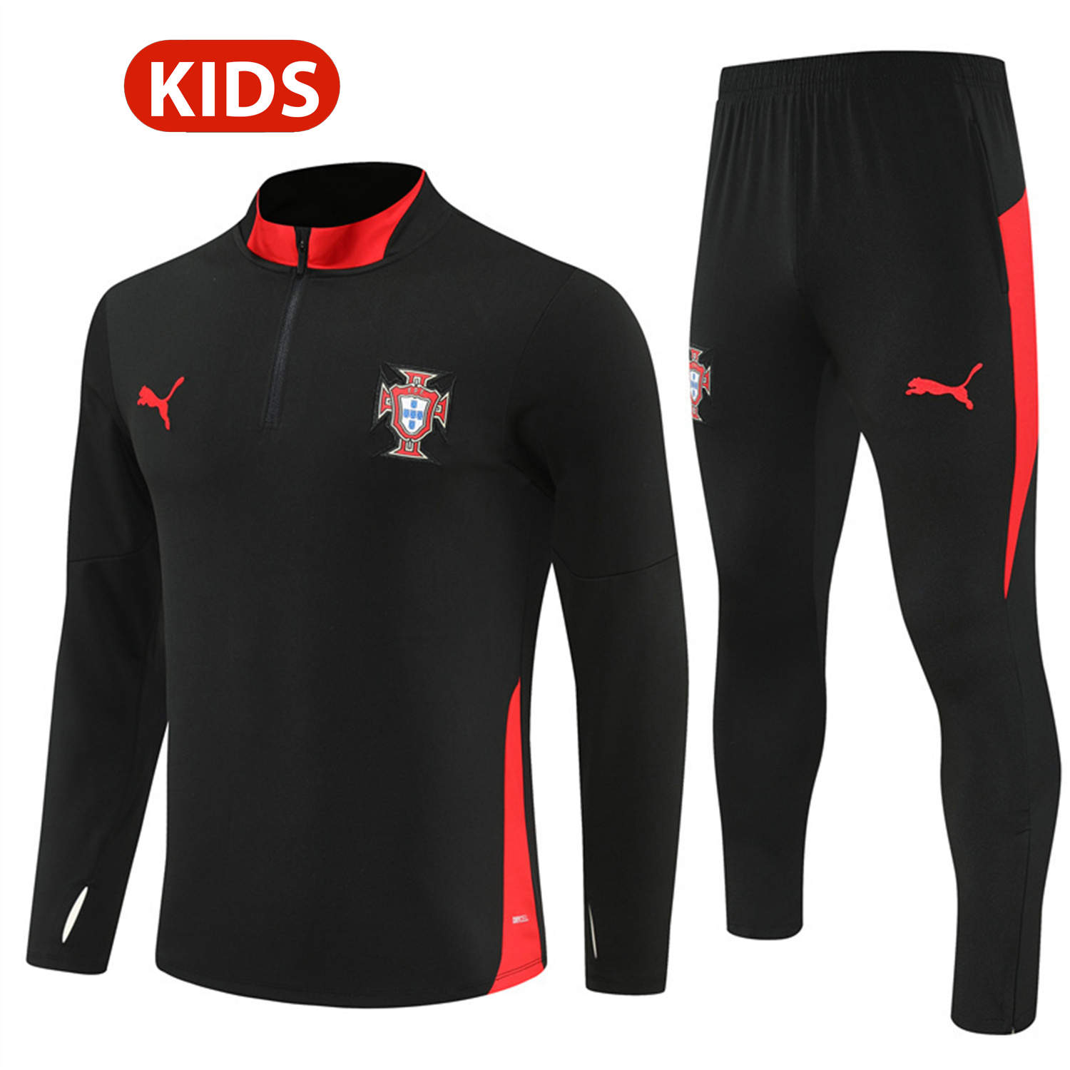 AlphaJersey-Portugal 25-26 Kids Long Sleeve Training Set - Black Top & Black Pants