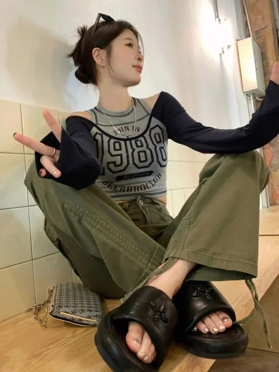 Deeptown Y2k Streetwear Vintage Korean Crop Top Women Sexy American Retro Letter Printed T Shirts Off Shoulder Aesthetic Clothes