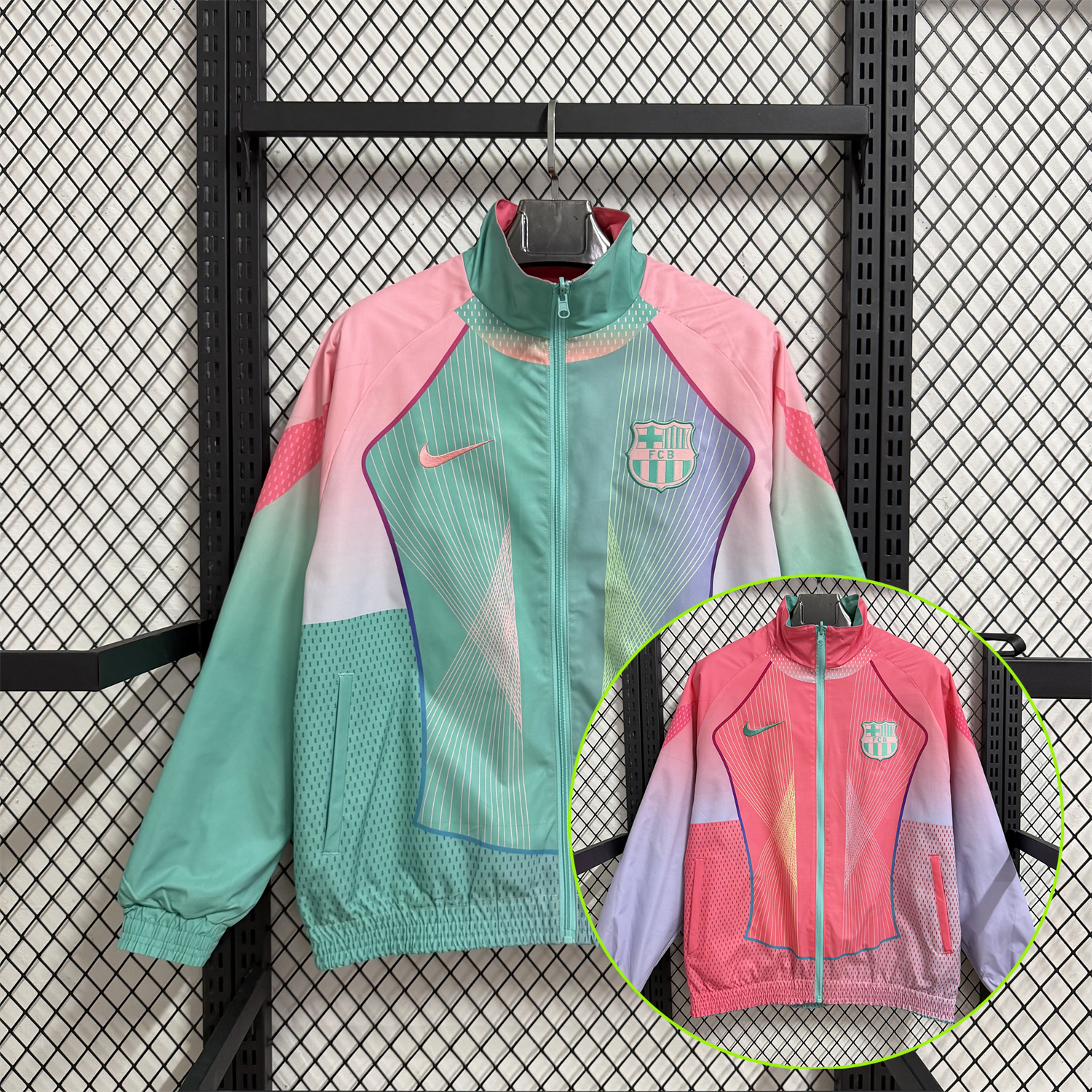AlphaJersey-Barcelona 25-26 Double Sided Reversible Windbreaker - Green & Pink