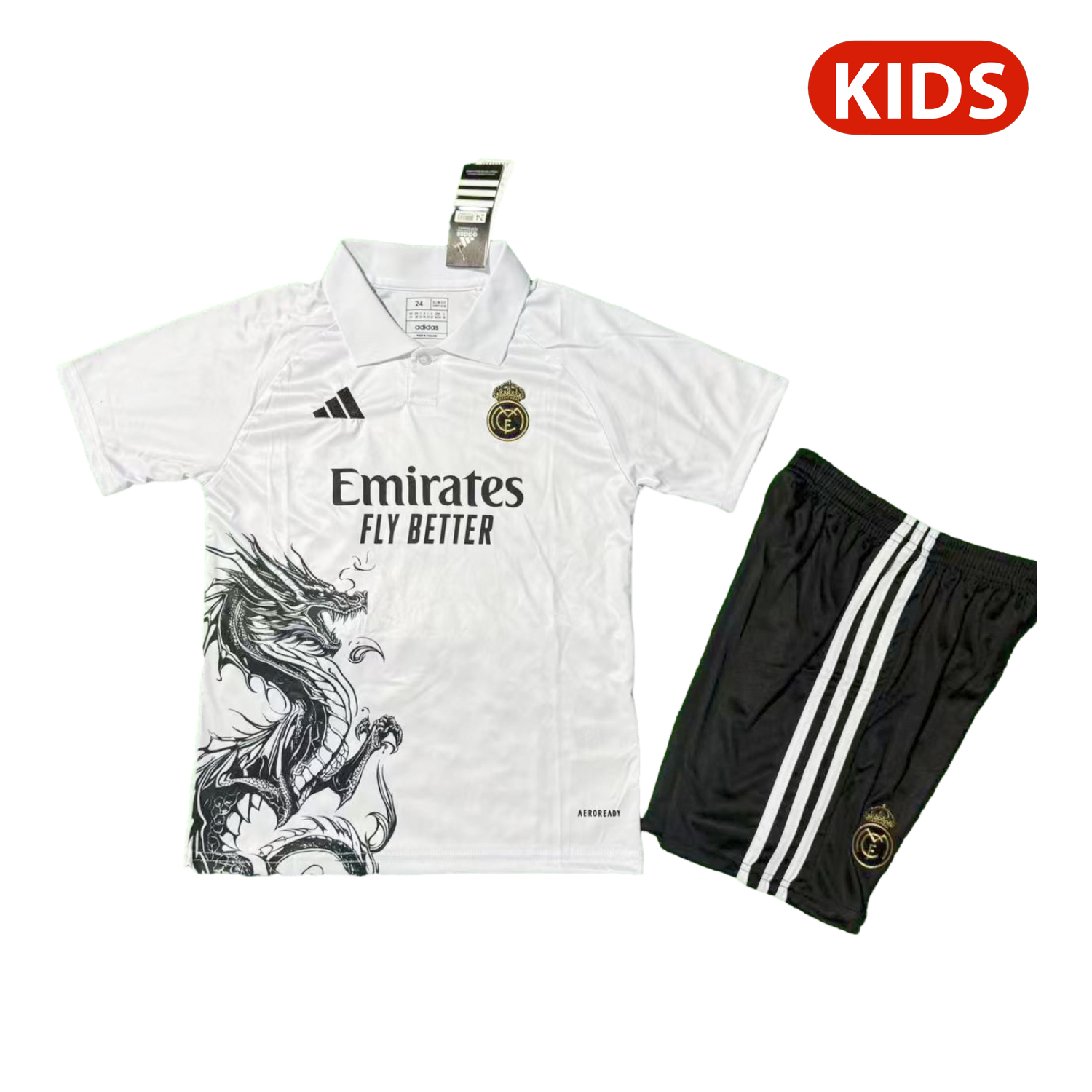 AlphaJersey-Real Madrid 25-26 Black Dragon White Special Polo Kids Kit
