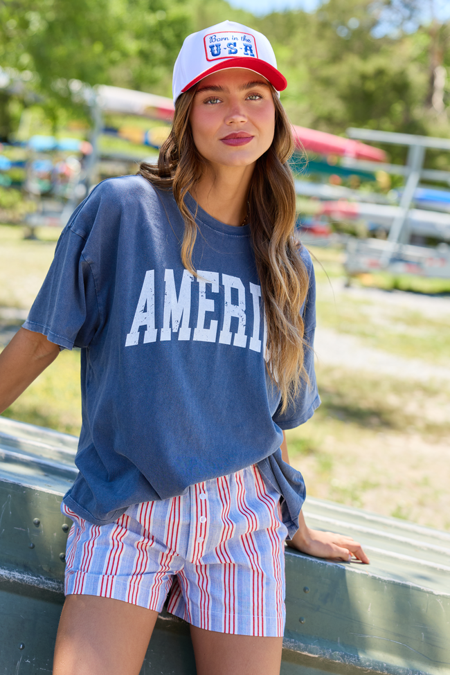 America Distressed Navy Oversized Graphic Tee | Elegant Women's Fashion by coolavocek