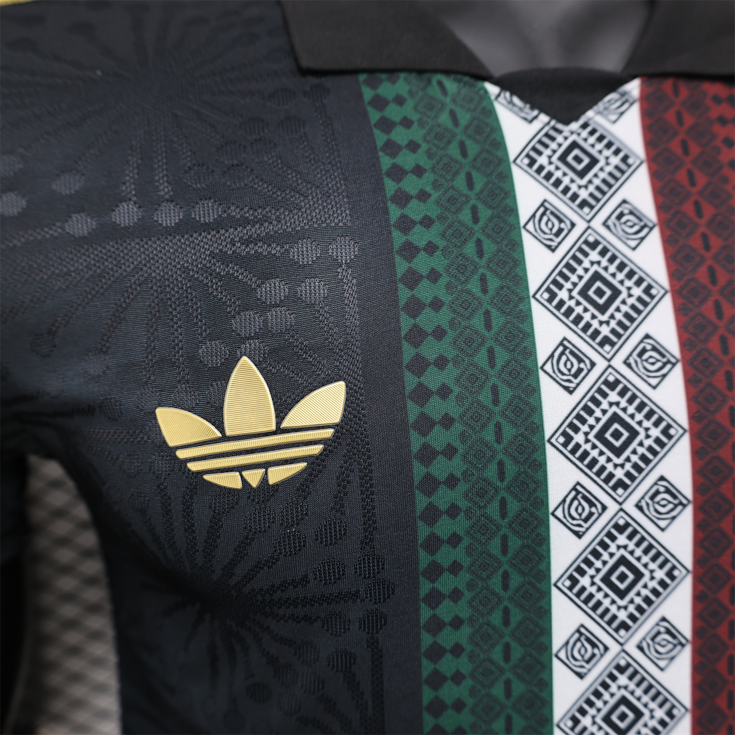 AlphaJersey-Mexico 25-26 Black Polo Jersey with Red White and Green Decorative Pattern - Player Version