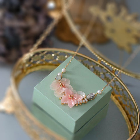 real flower jewelry-pink hydrangea gemstone necklace