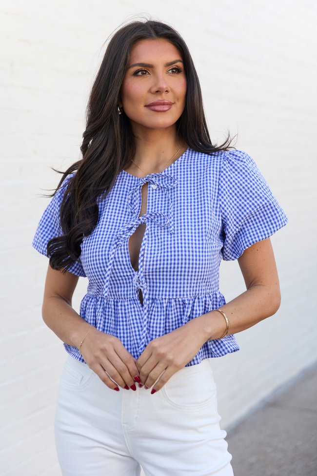Mila Blue Gingham Tie Front Flounce Woven Blouse | Elegant Women's Fashion by coolavocek