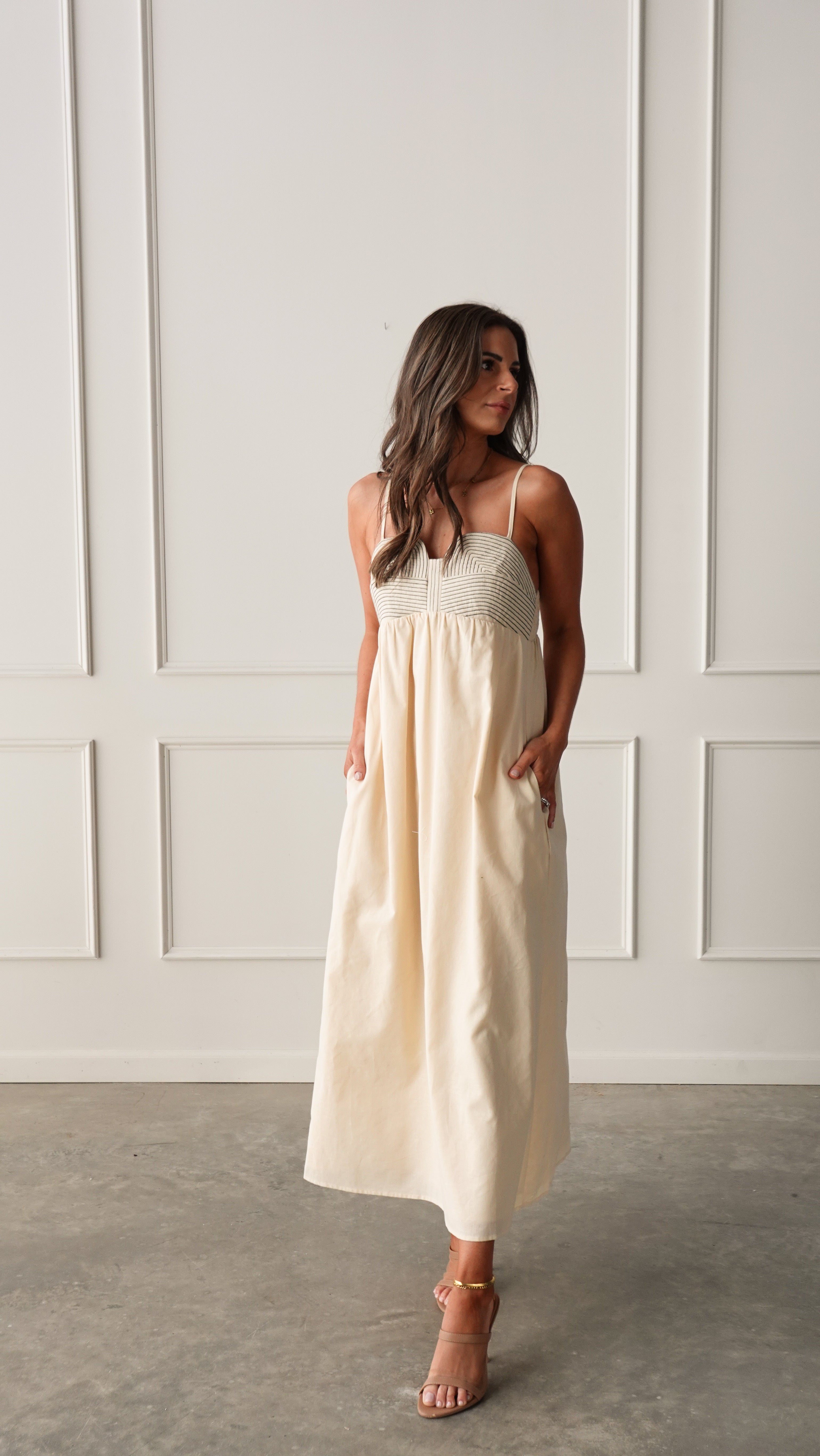 Sand Top-Stitch Midi Dress | Elegant Women's Fashion by coolavocek