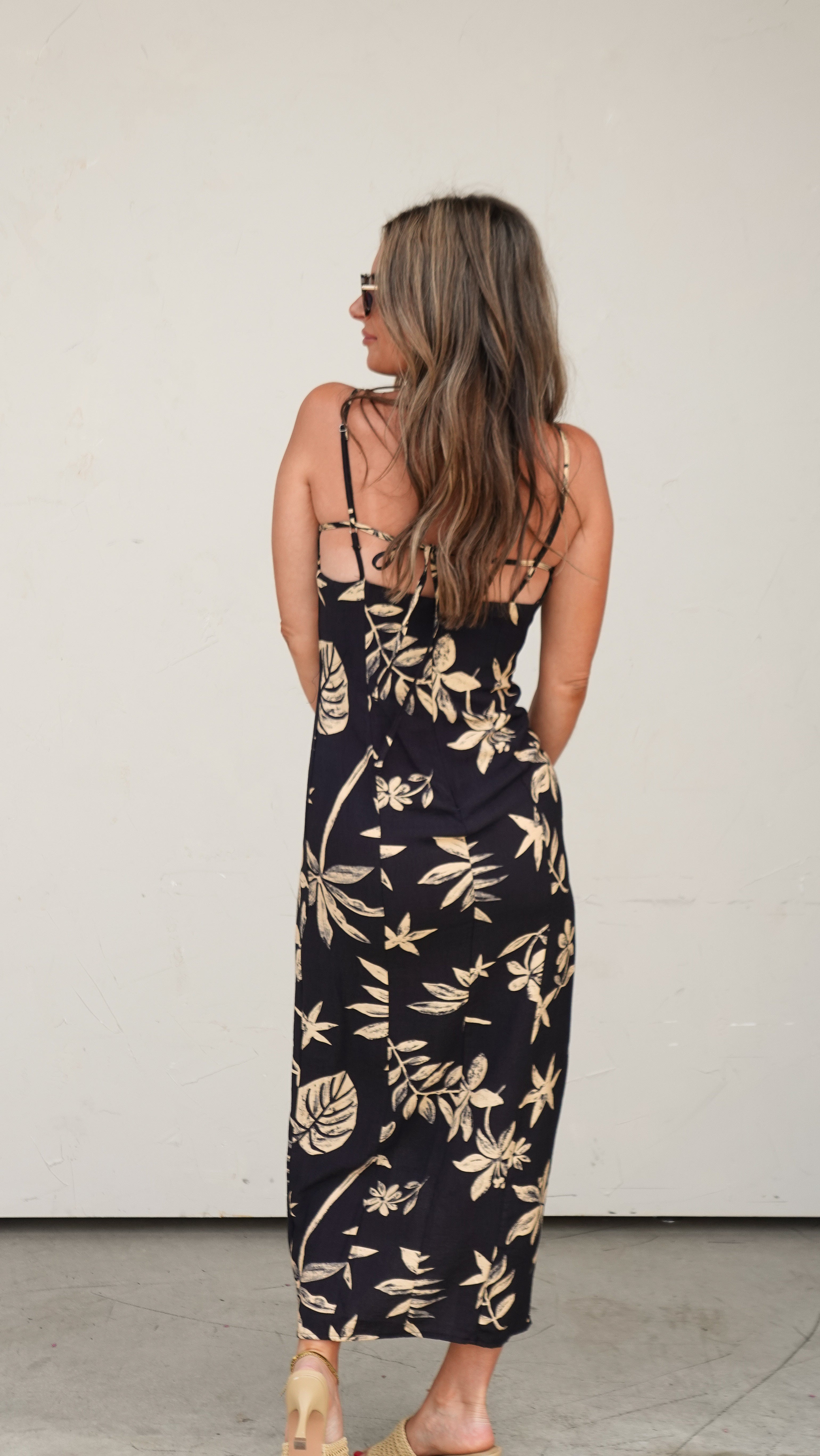 Black Tropical Print Midi Dress | Elegant Women's Fashion by coolavocek