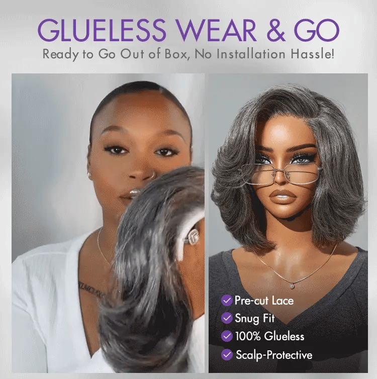 Boss Vibe Salt & Pepper Layered Bob / Body Wave Glueless Pre-Cut Minimalist Lace Grey Wig