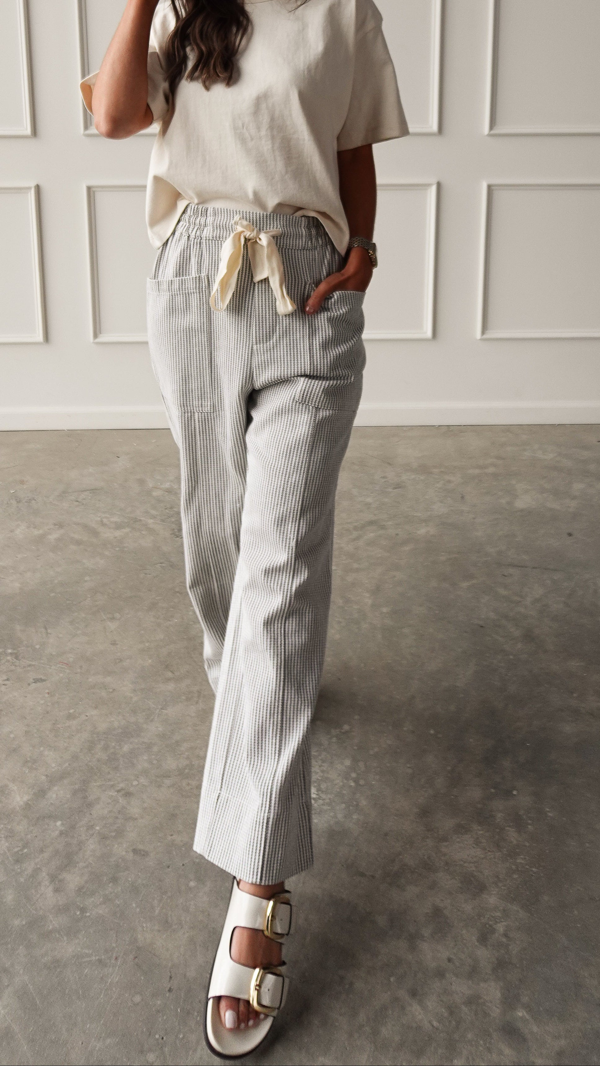 Gray Striped Drawstring Pant | Elegant Women's Fashion by coolavocek