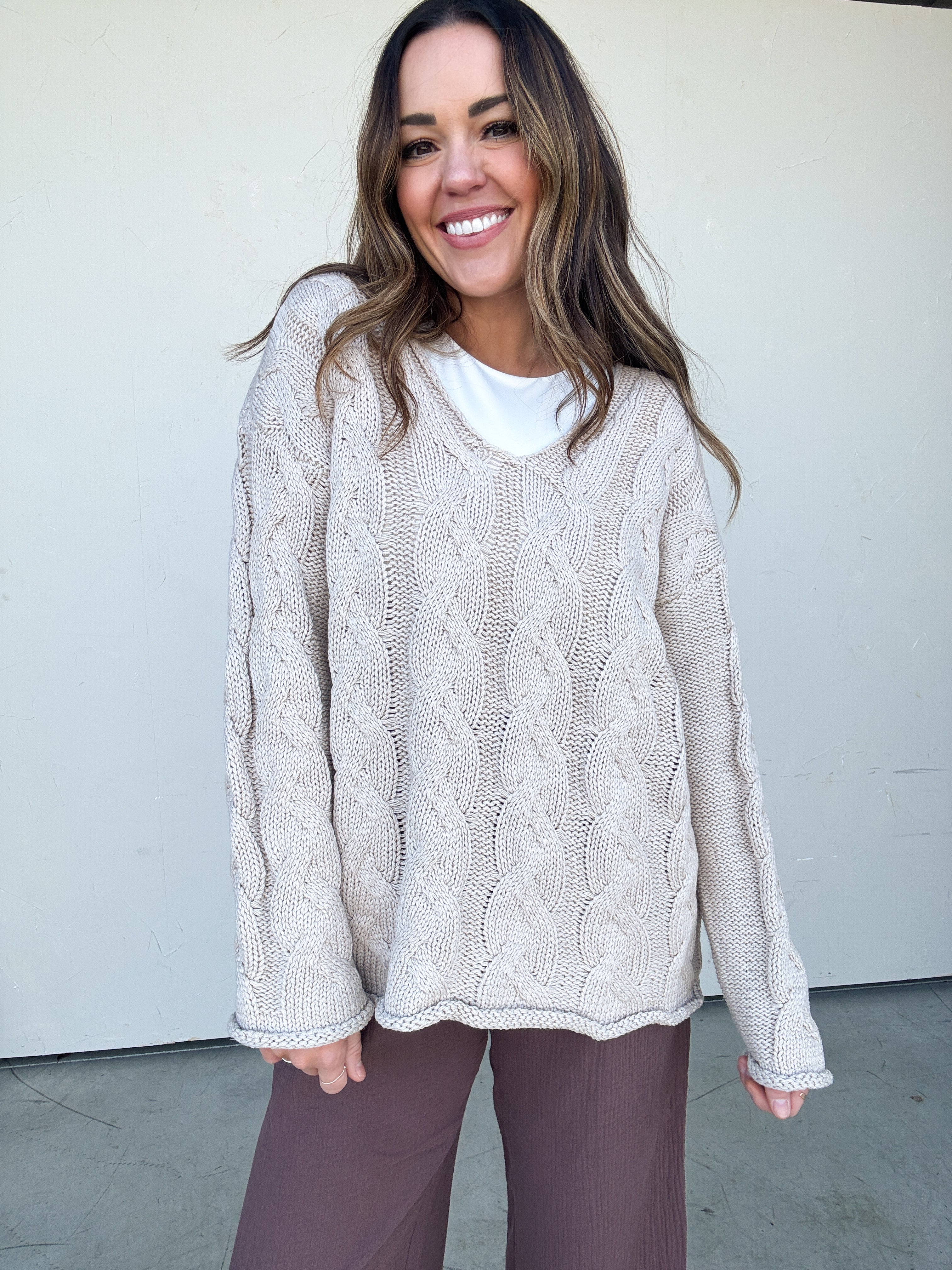 Taupe Cableknit V-Neck Sweater | Elegant Women's Fashion by coolavocek