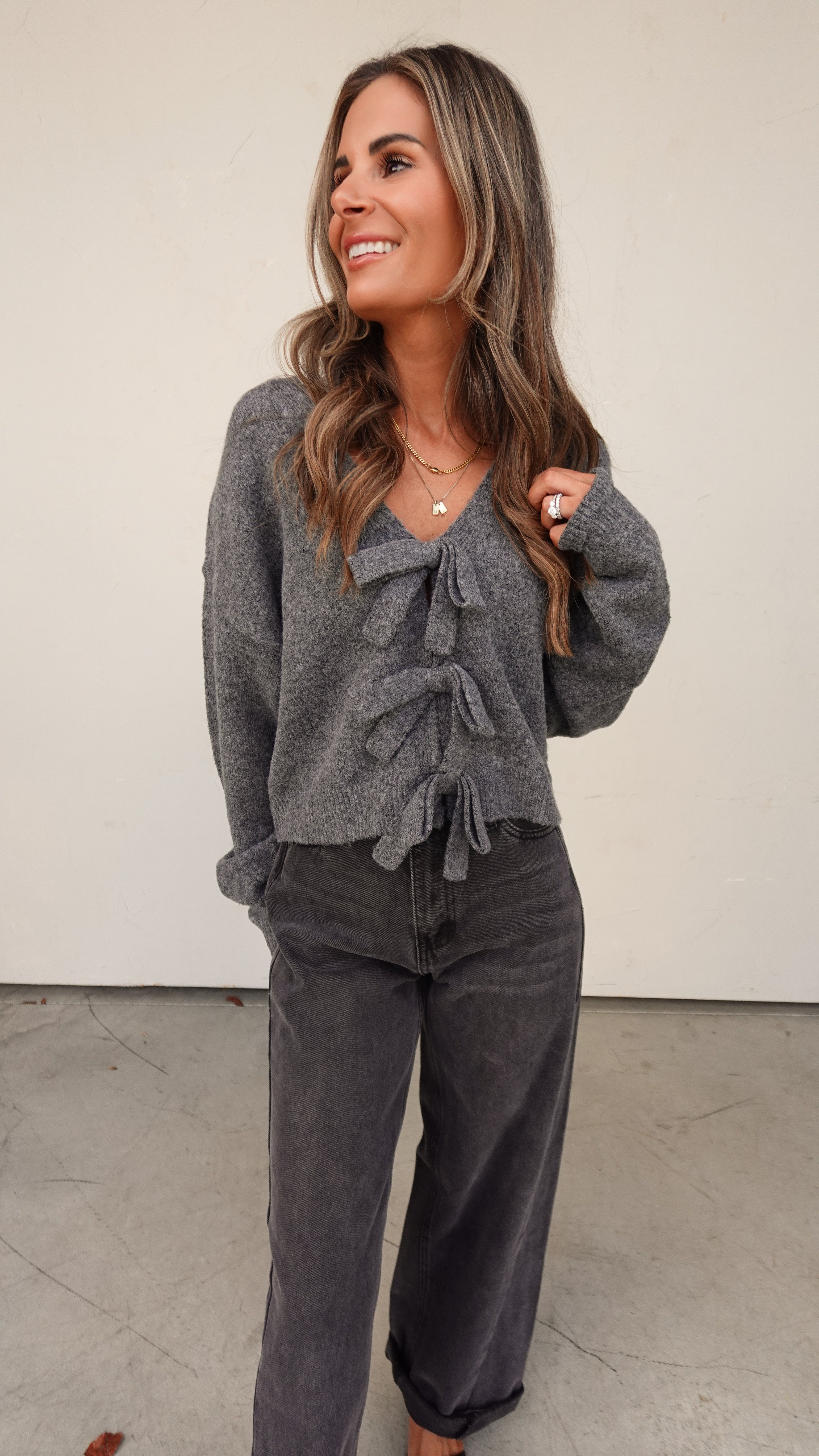 Charcoal Reversible Sweater with Bow Detail | Elegant Women's Fashion by coolavocek