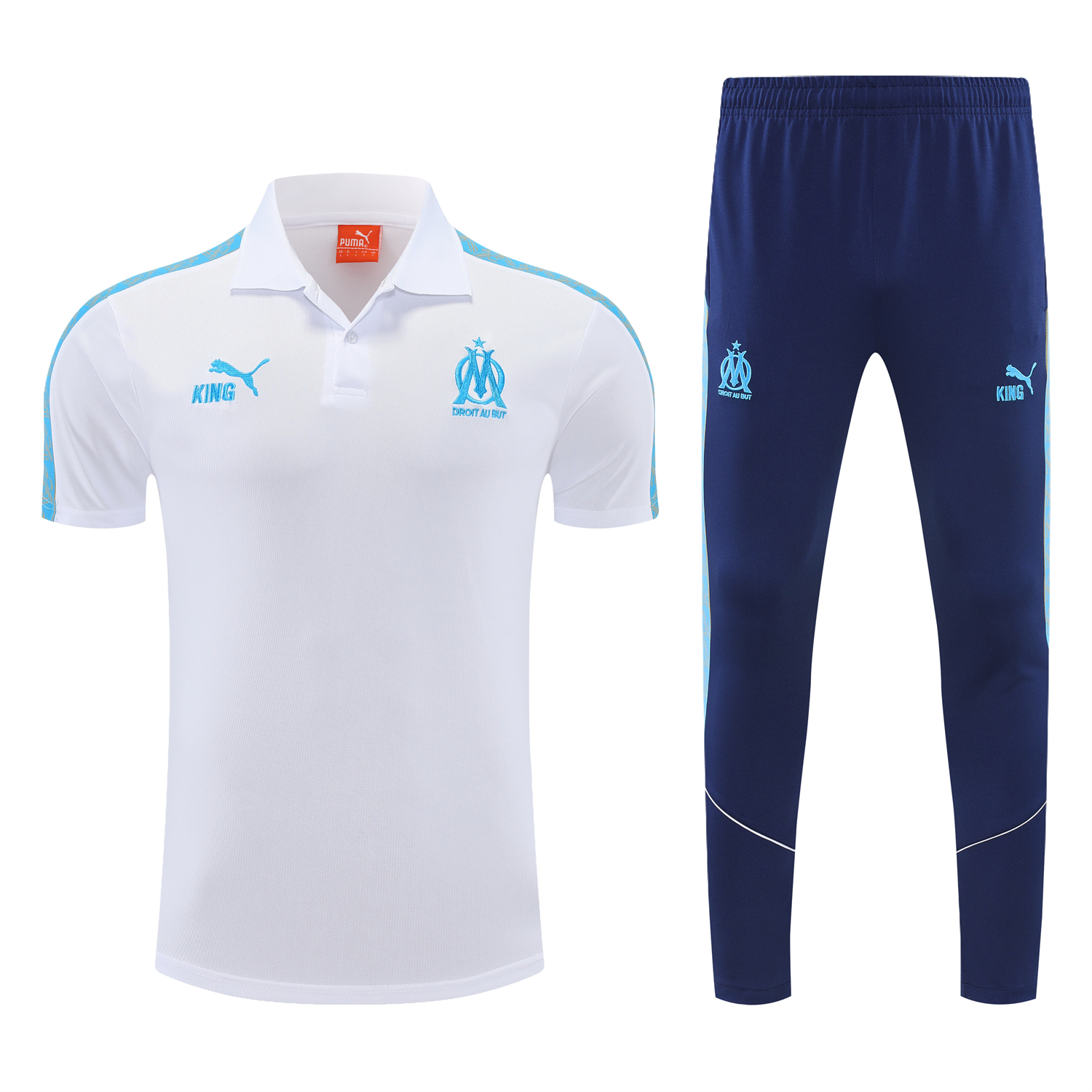 AlphaJersey-Marseille 25-26 POLO Short-Sleeve Training Set - White Top and Dark Blue Pants