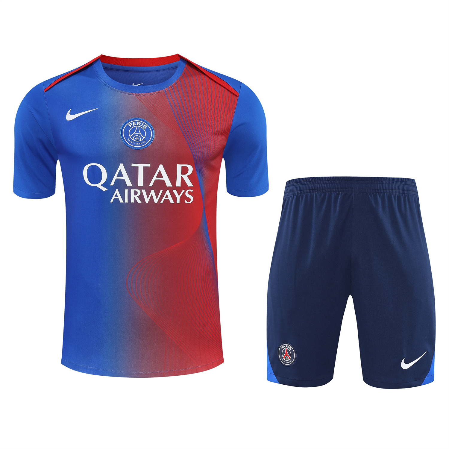 AlphaJersey-Paris Saint-Germain PSG 25-26 Short-Sleeve Training Set - Red And Blue Lines Top & Blue Shorts