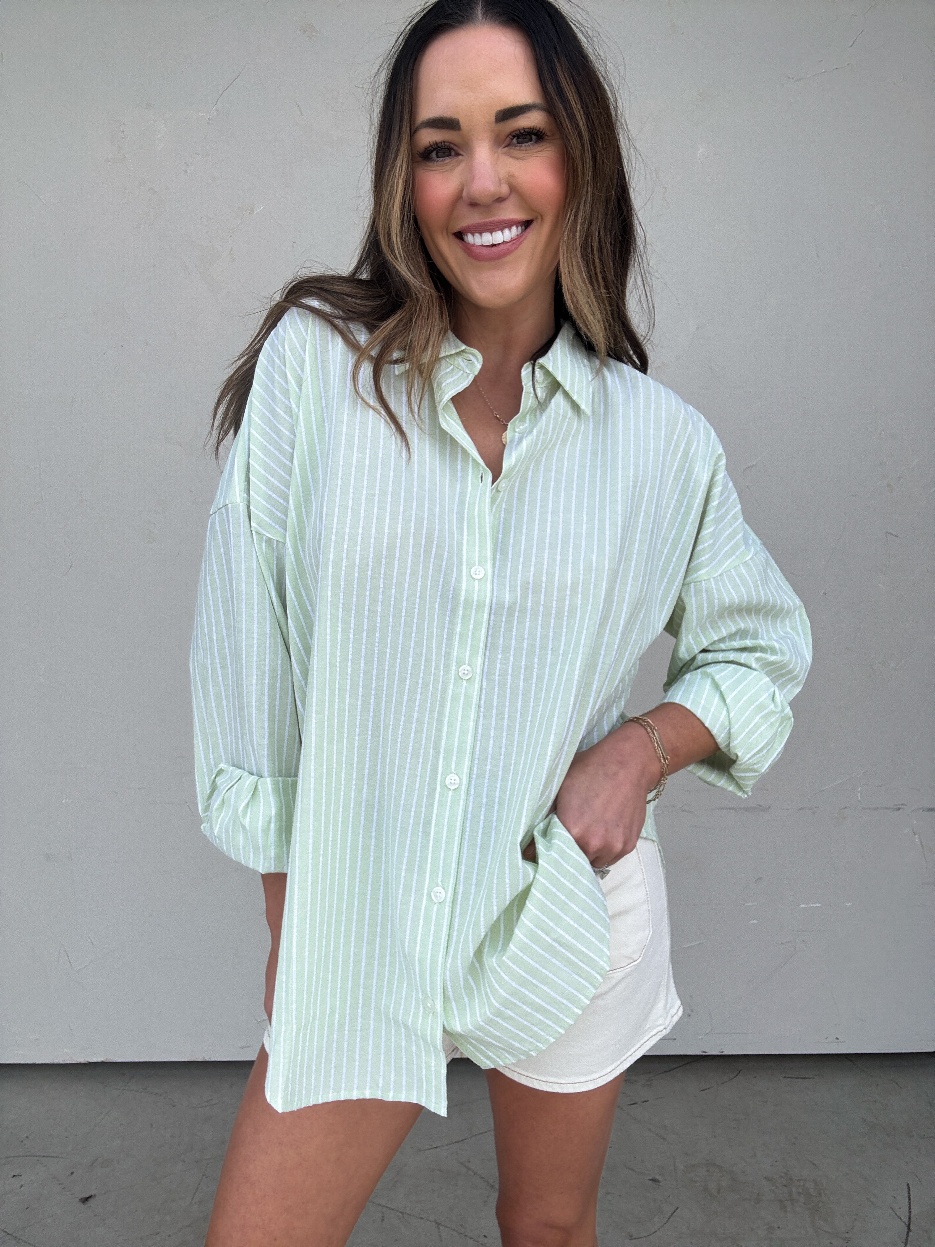 Green Striped Button-Down Shirt | Elegant Women's Fashion by coolavocek