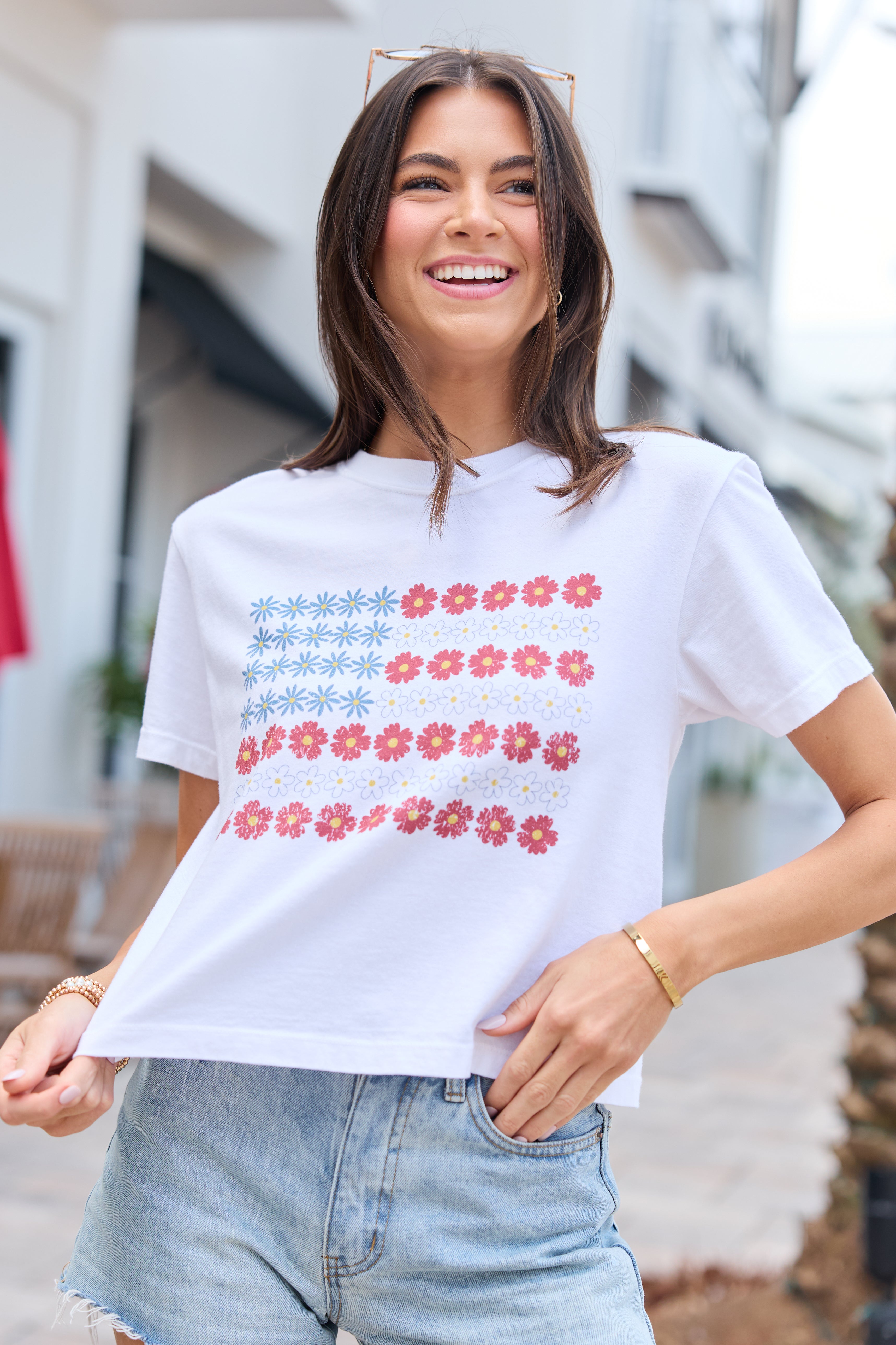 Multi Floral Flag White Boxy Graphic Tee DOORBUSTER | Elegant Women's Fashion by coolavocek
