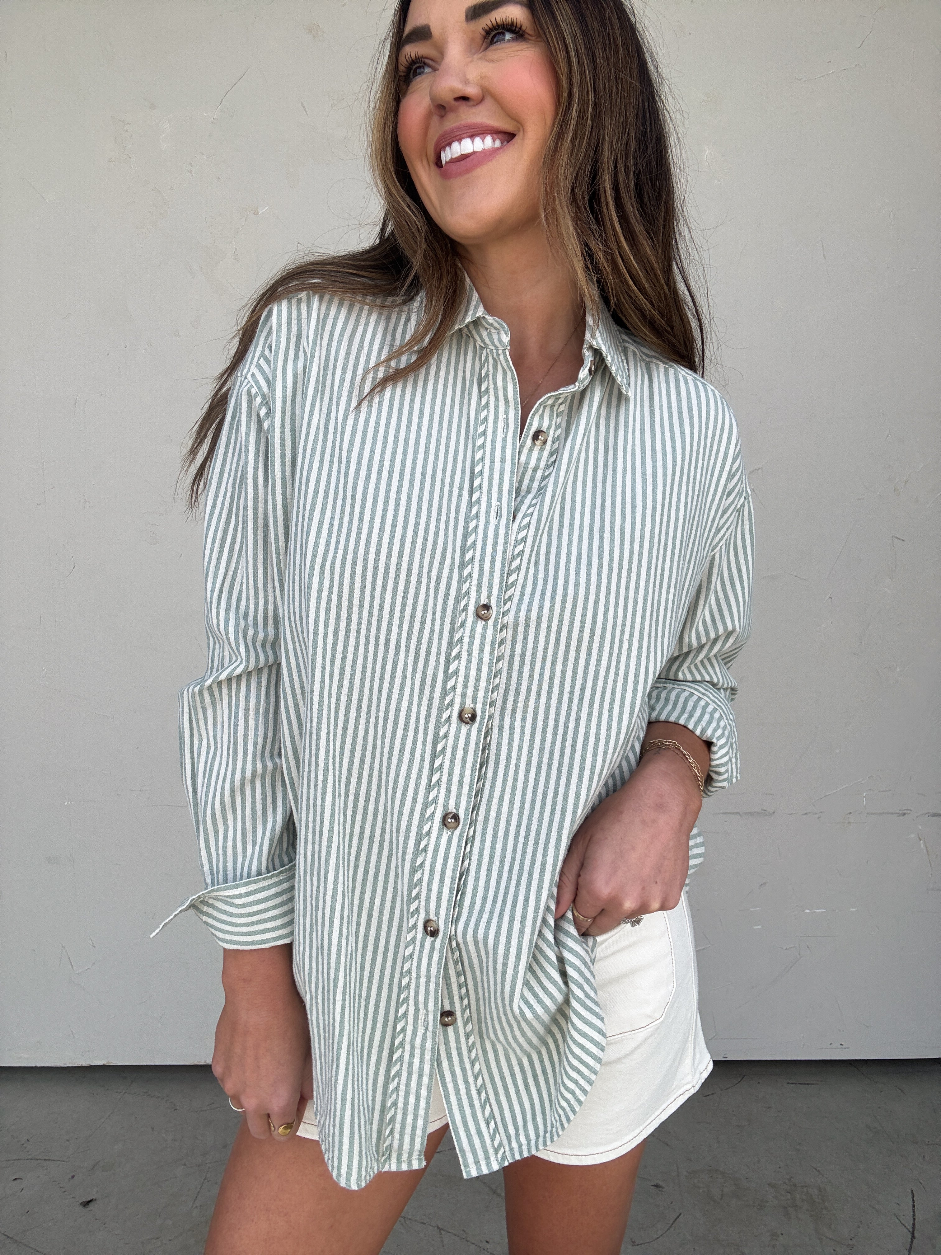 Sage Striped Button-Down Shirt | Elegant Women's Fashion by coolavocek