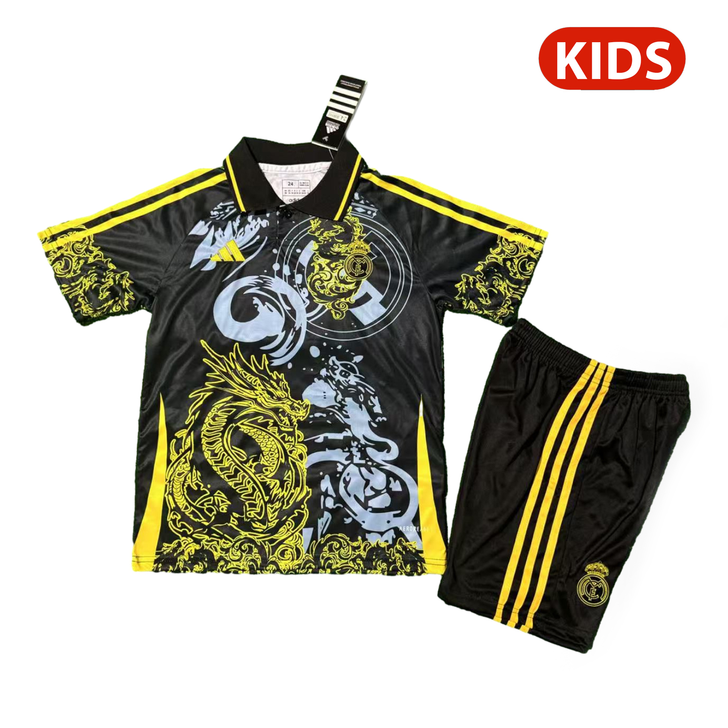 AlphaJersey-Real Madrid 25-26 Yellow Dragon And Cloud Black Special Polo Kids Kit