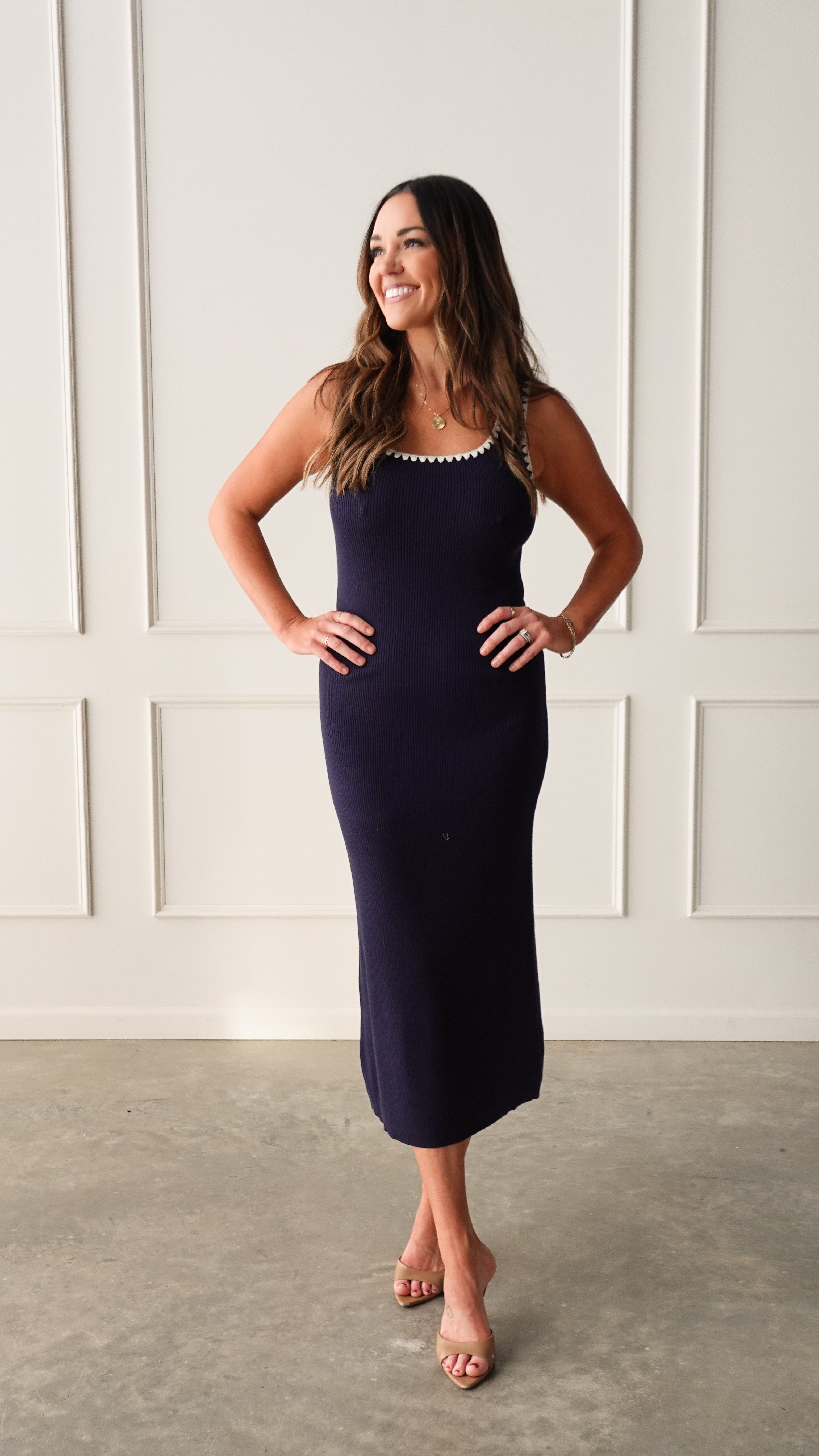 Navy Dress with Stitch Detailing | Elegant Women's Fashion by coolavocek