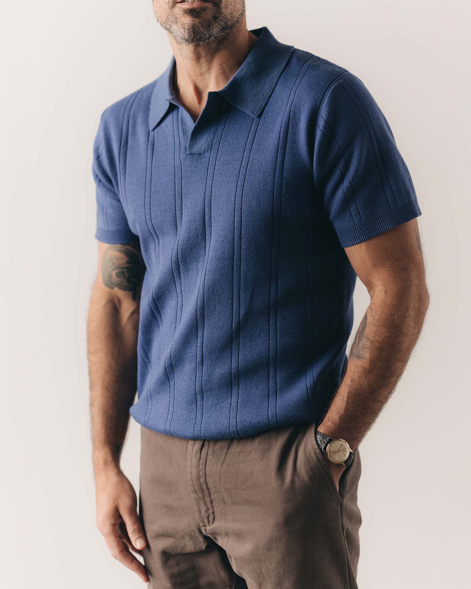 The Valencia Sweater Polo in Heather Clear Blue Rib | Modern Menswear by yycbvcnbmmnbm