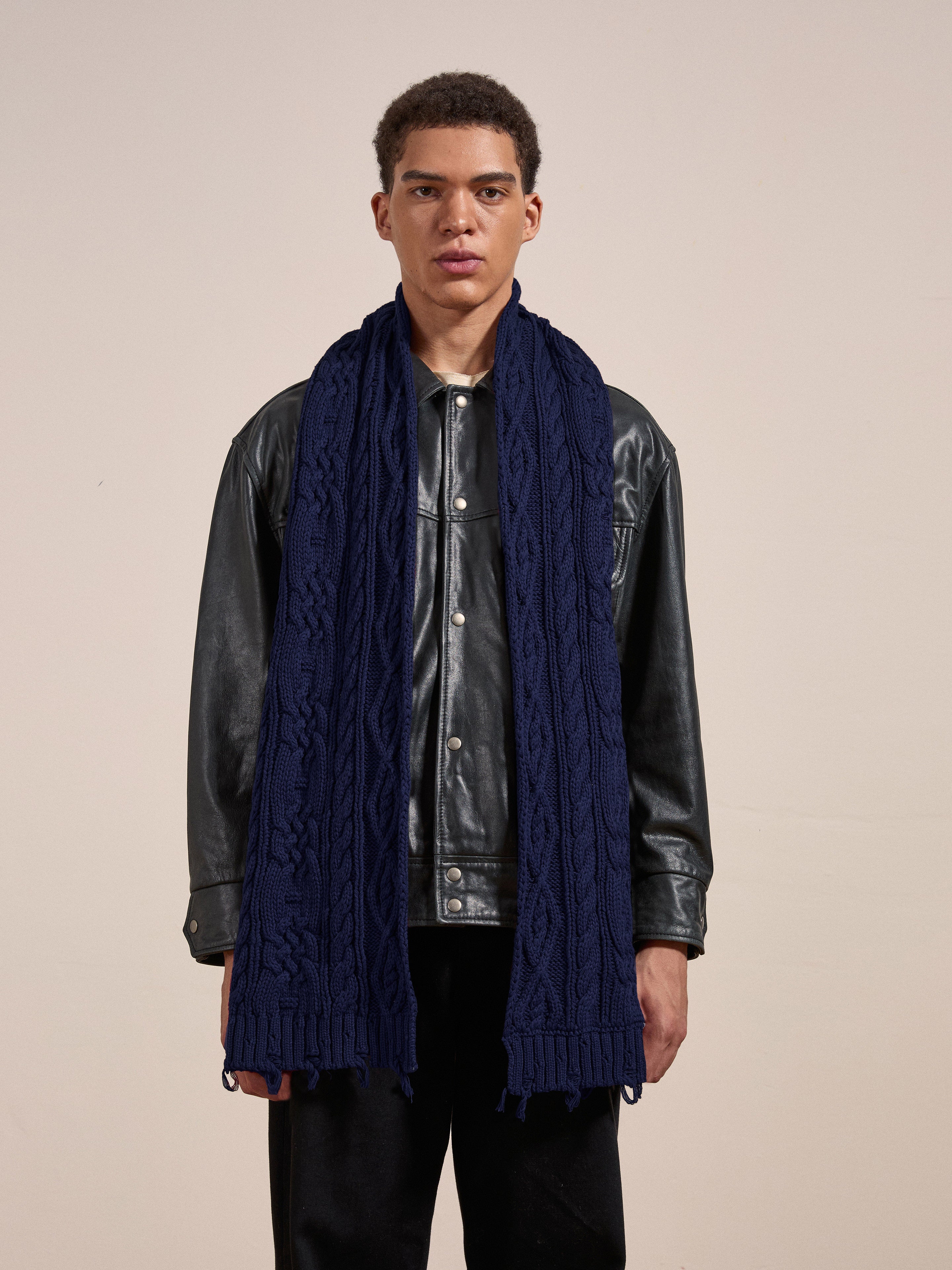 Navy Distressed Cable Knit Scarf | Modern Menswear by yycbvcnbmmnbm